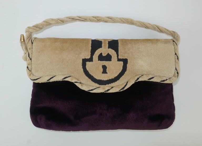 1960 s Greta Deep Plum and Beige Velvet Handbag Clutch With Trompe