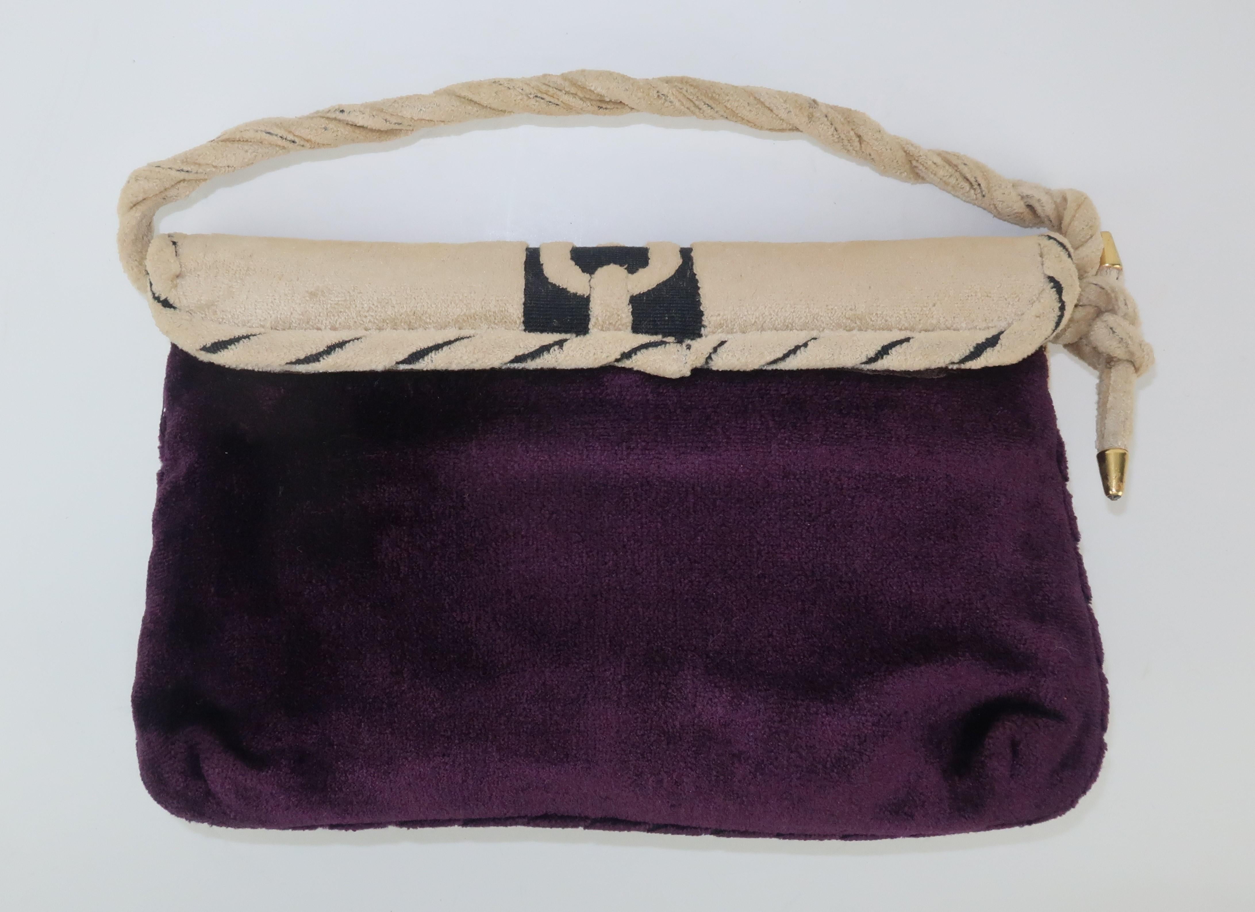1960's Greta Deep Plum & Beige Velvet Handbag Clutch With Trompe L'oeil Lock In Good Condition In Atlanta, GA