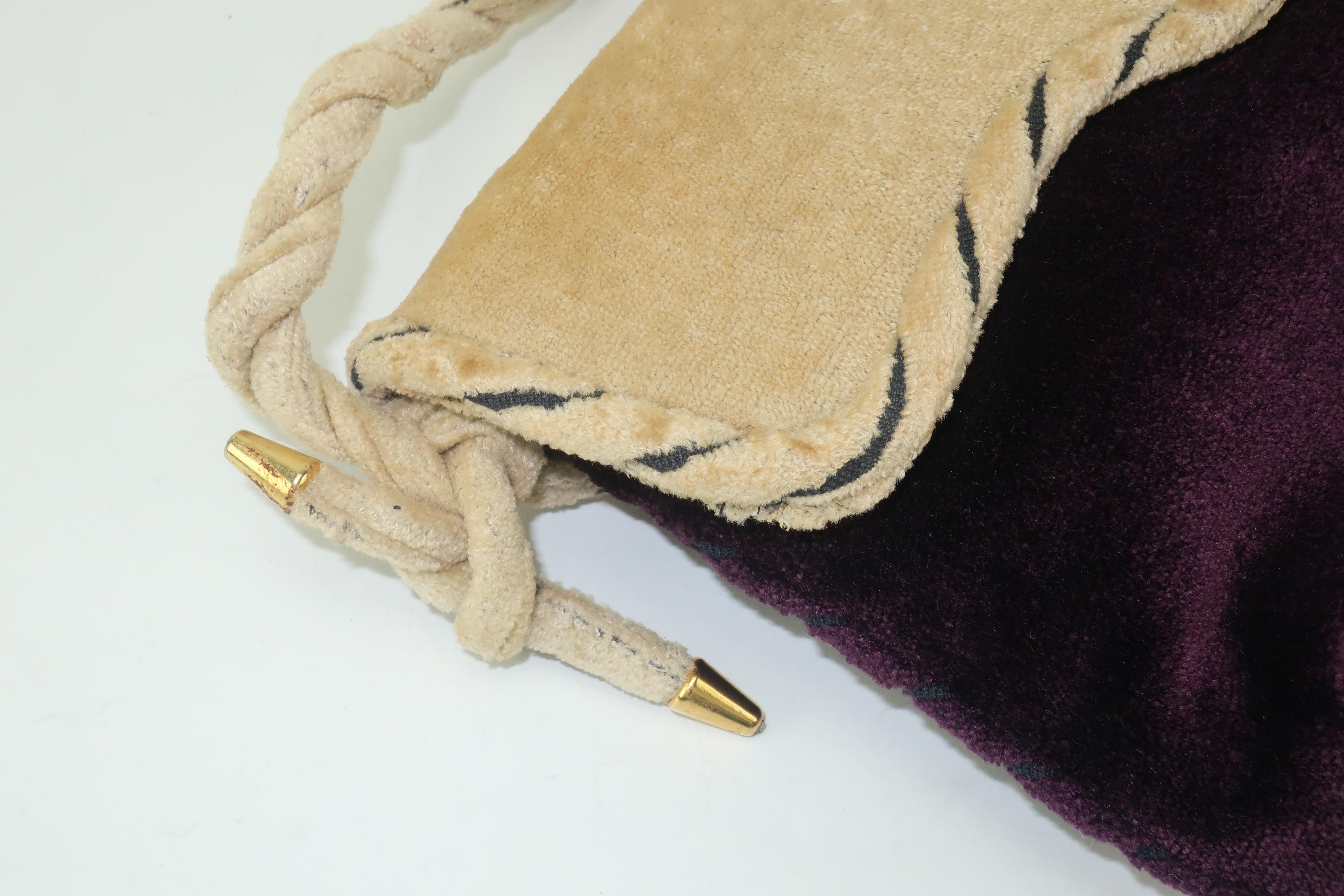 1960's Greta Deep Plum & Beige Velvet Handbag Clutch With Trompe L'oeil Lock 2