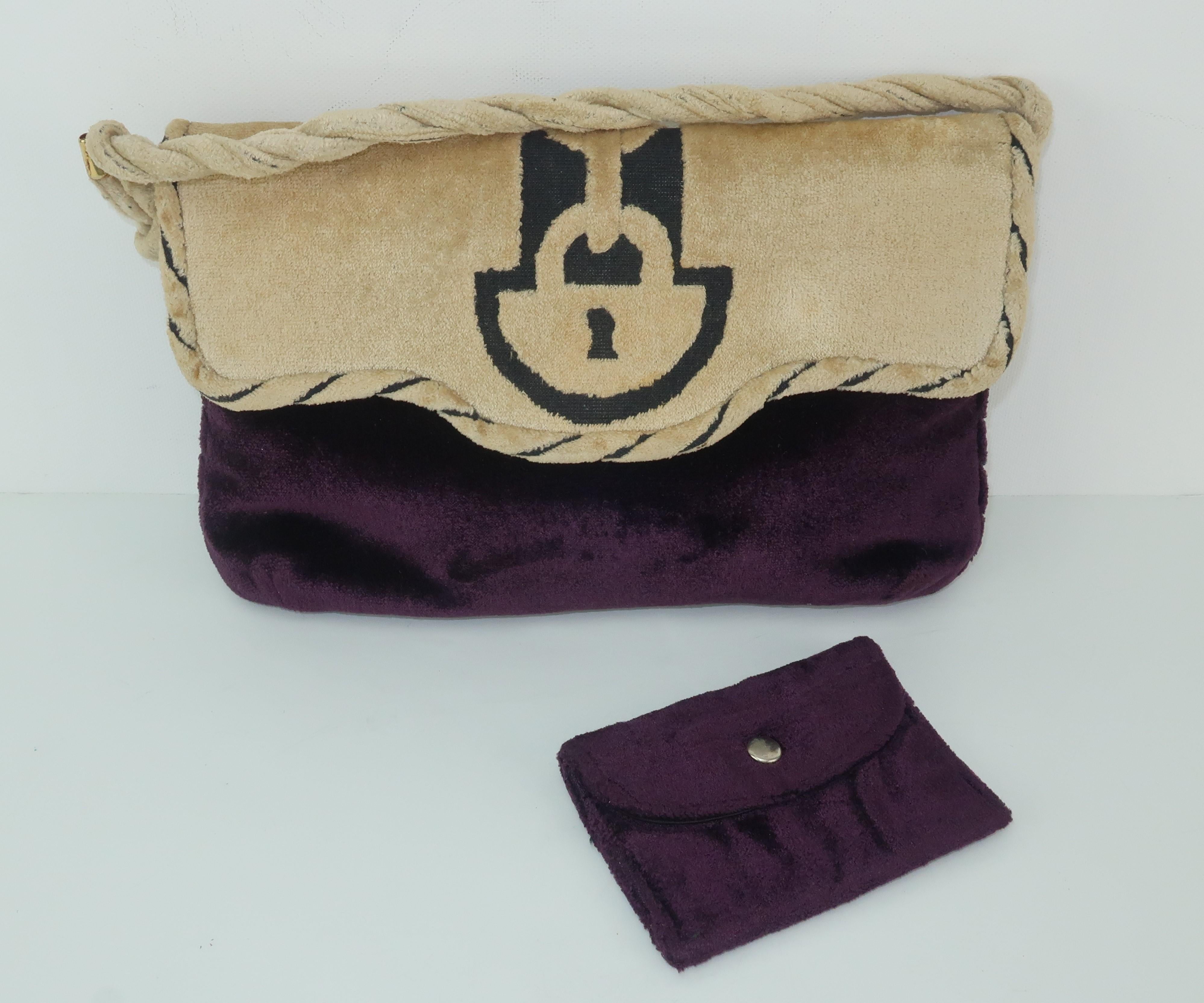 1960's Greta Deep Plum & Beige Velvet Handbag Clutch With Trompe L'oeil Lock 4