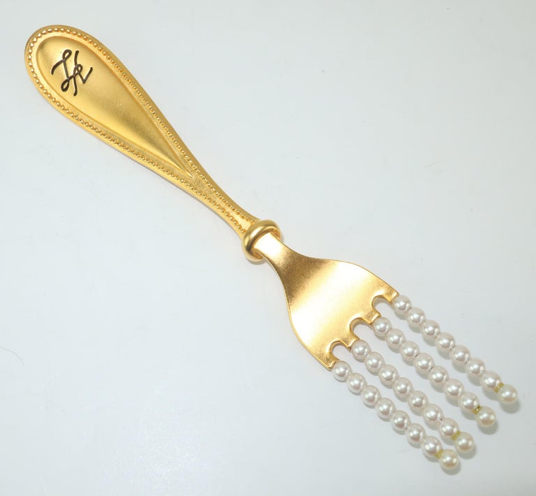 Large Karl Lagerfeld Gilt Gold Fork and Spoon Brooch With Pearls