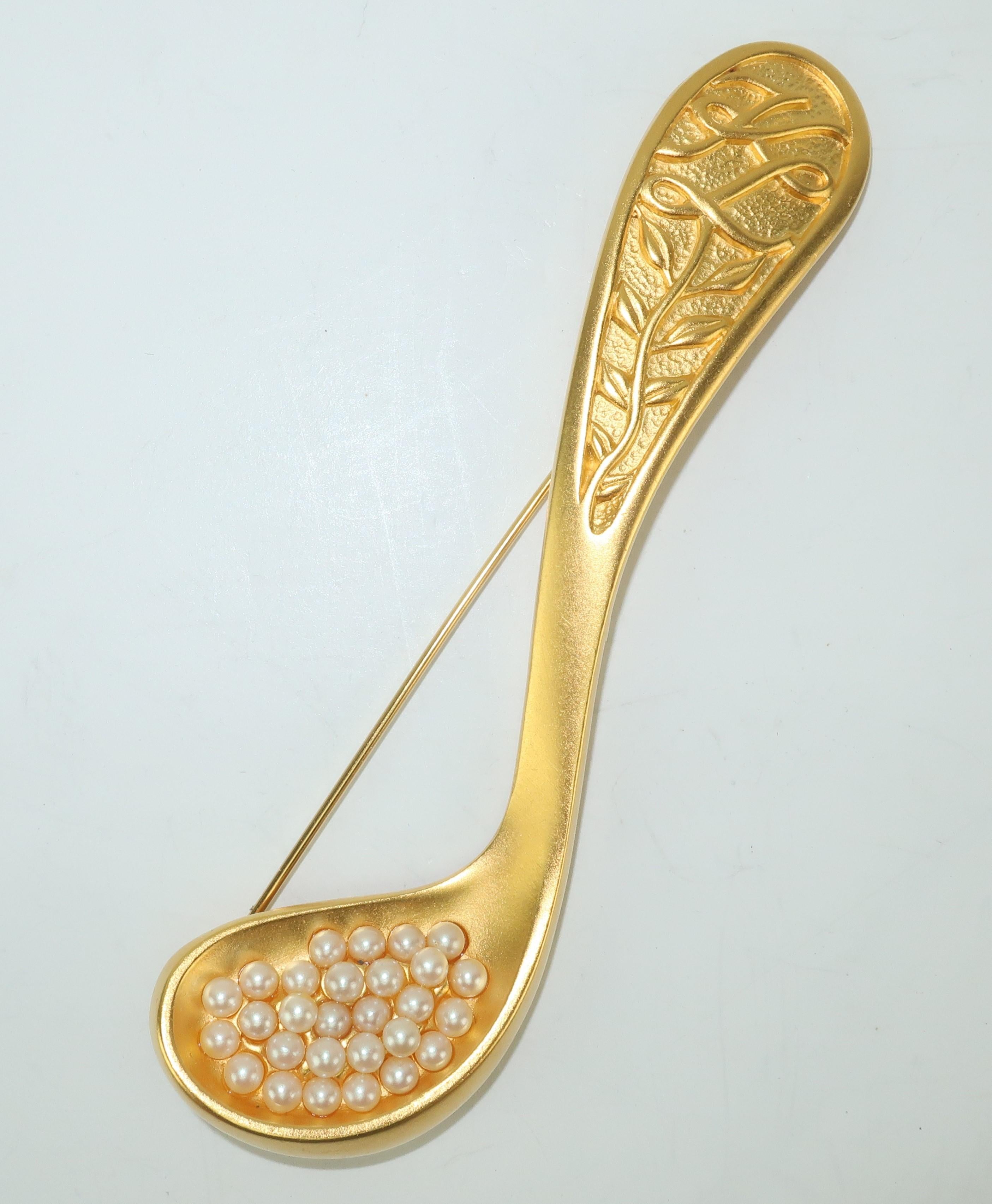 Large Karl Lagerfeld Gilt Gold Fork & Spoon Brooch With Pearls 1