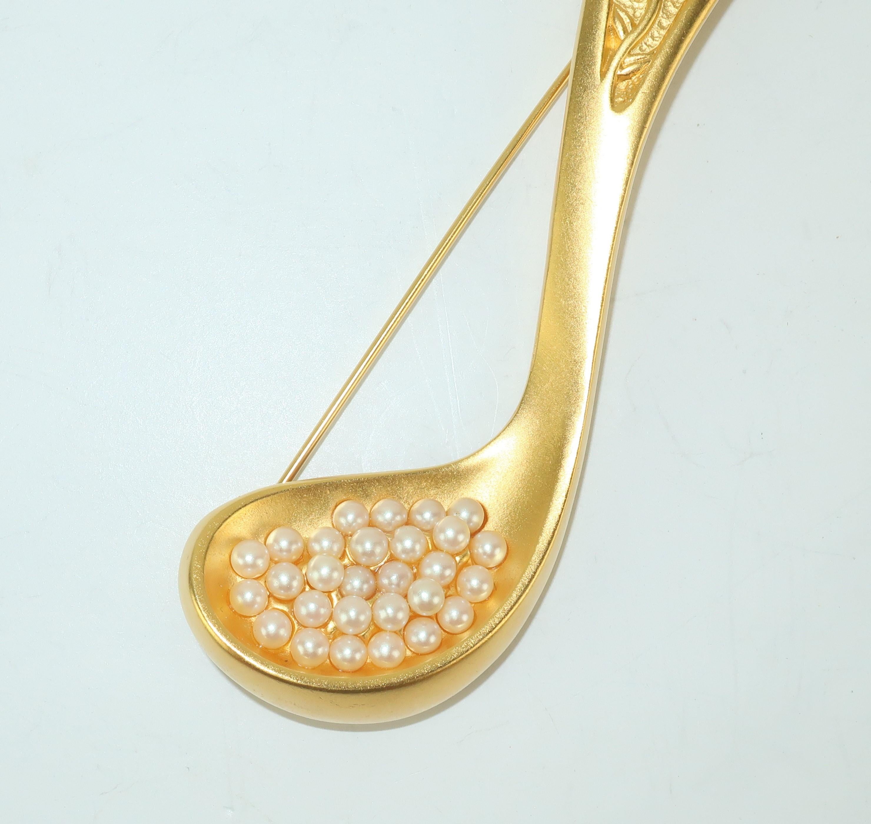 Large Karl Lagerfeld Gilt Gold Fork & Spoon Brooch With Pearls 2