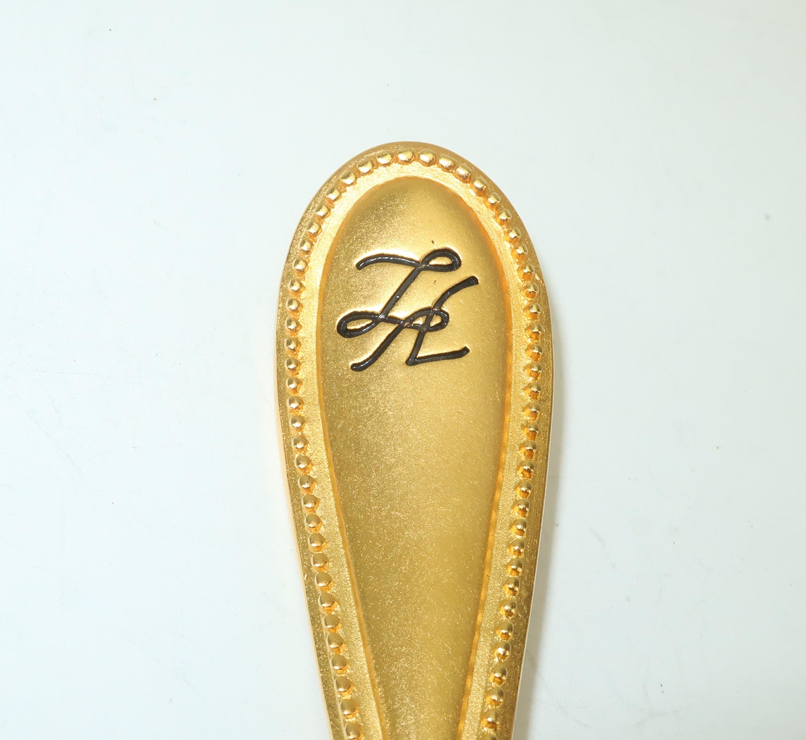 Large Karl Lagerfeld Gilt Gold Fork & Spoon Brooch With Pearls In Excellent Condition In Atlanta, GA