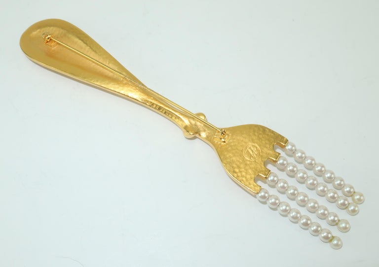 Large Karl Lagerfeld Gilt Gold Fork and Spoon Brooch With Pearls