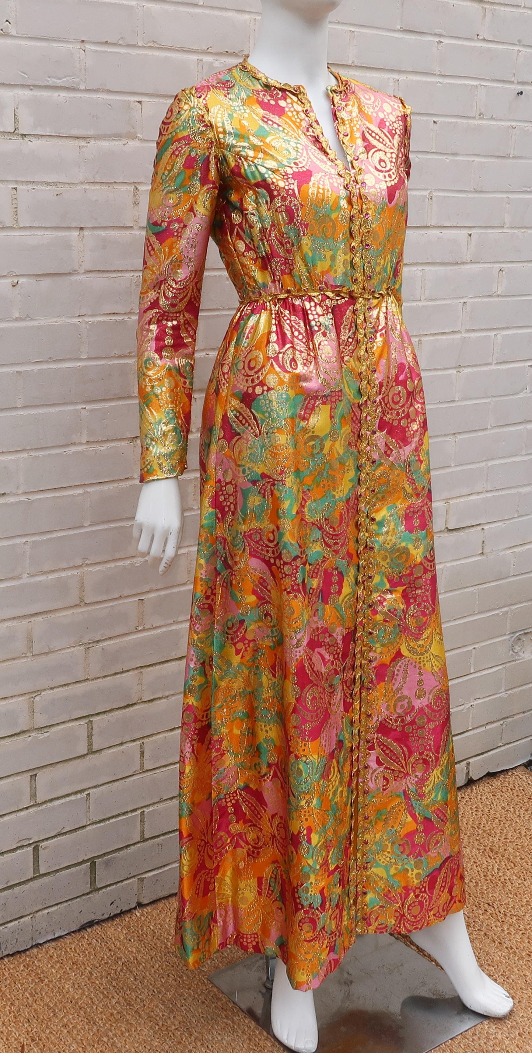 1960's Saks Fifth Avenue Exotic & Colorful Gold Lamé Evening Dress 1