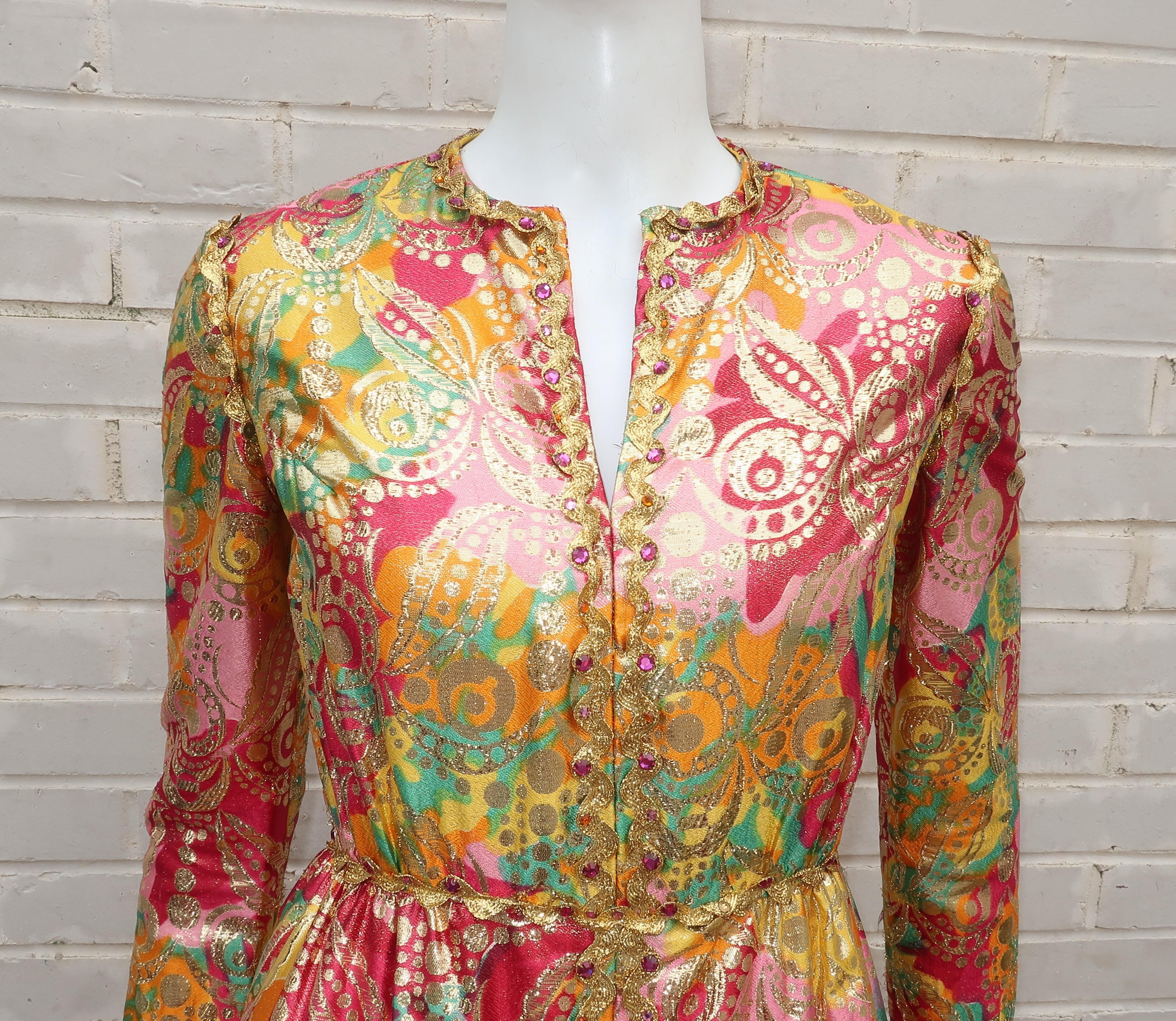 1960's Saks Fifth Avenue Exotic & Colorful Gold Lamé Evening Dress In Good Condition In Atlanta, GA