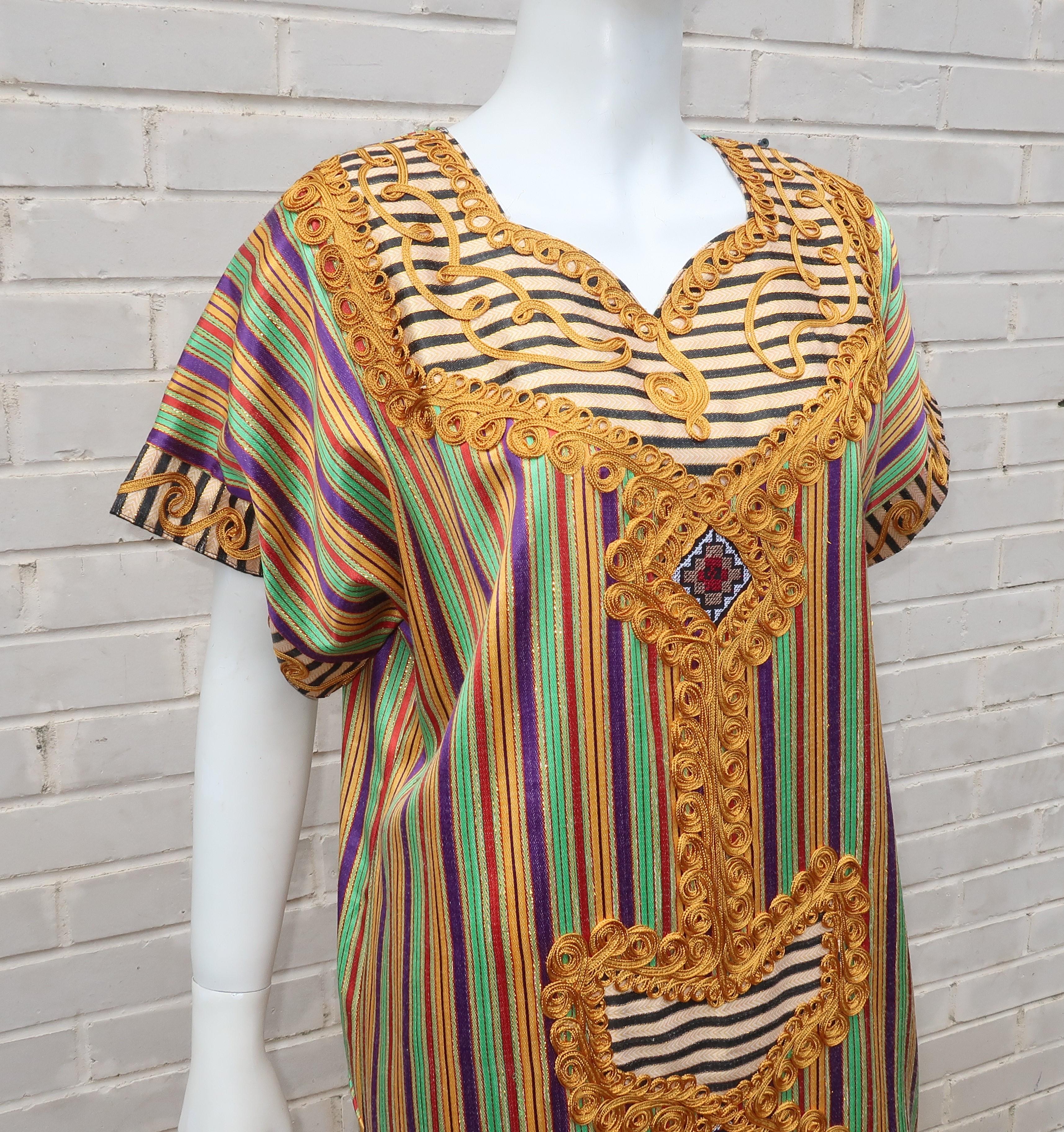 Brown Egyptian Vintage Striped Caftan Dress With Ornate Trim