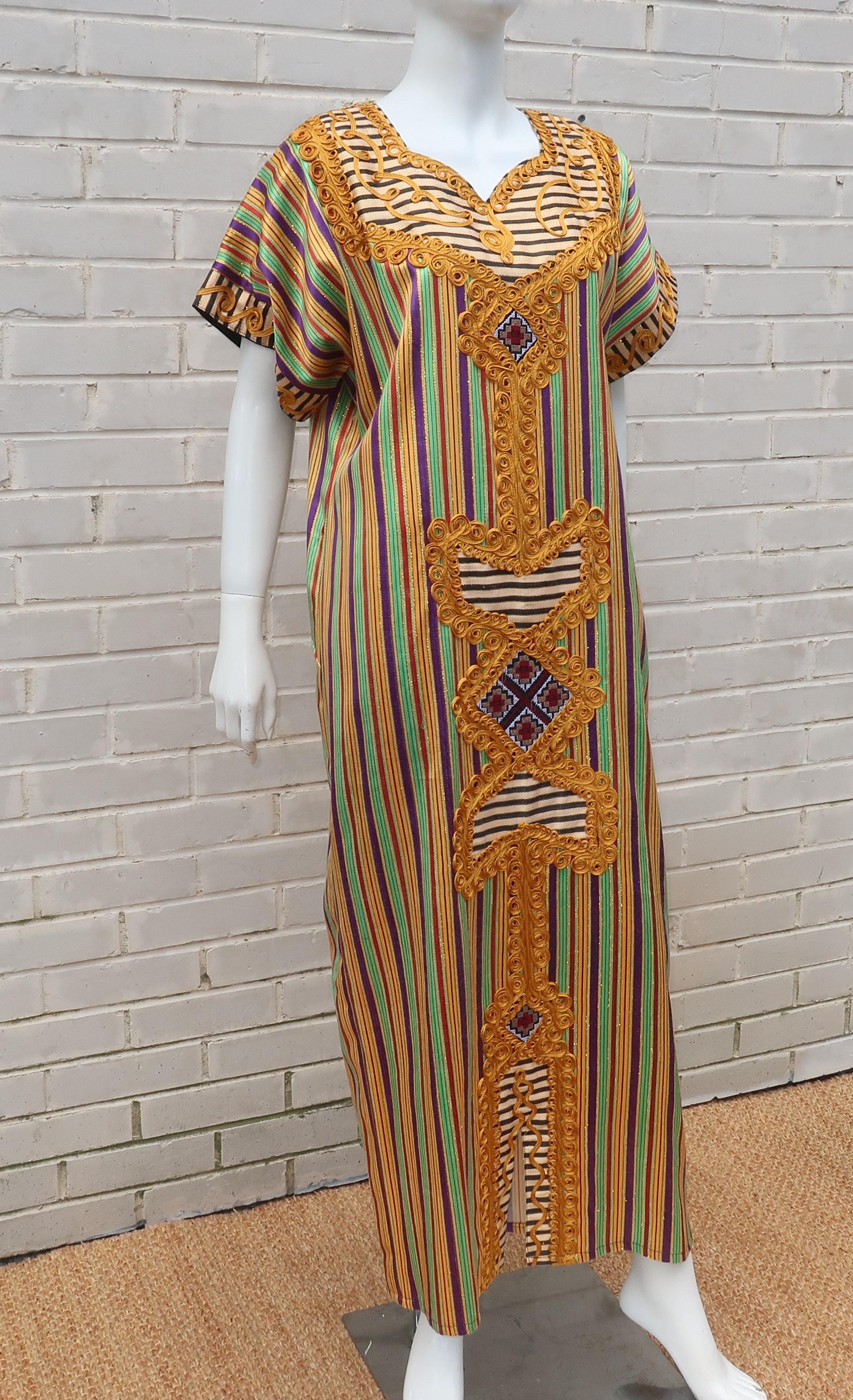 Egyptian Vintage Striped Caftan Dress With Ornate Trim In Excellent Condition In Atlanta, GA