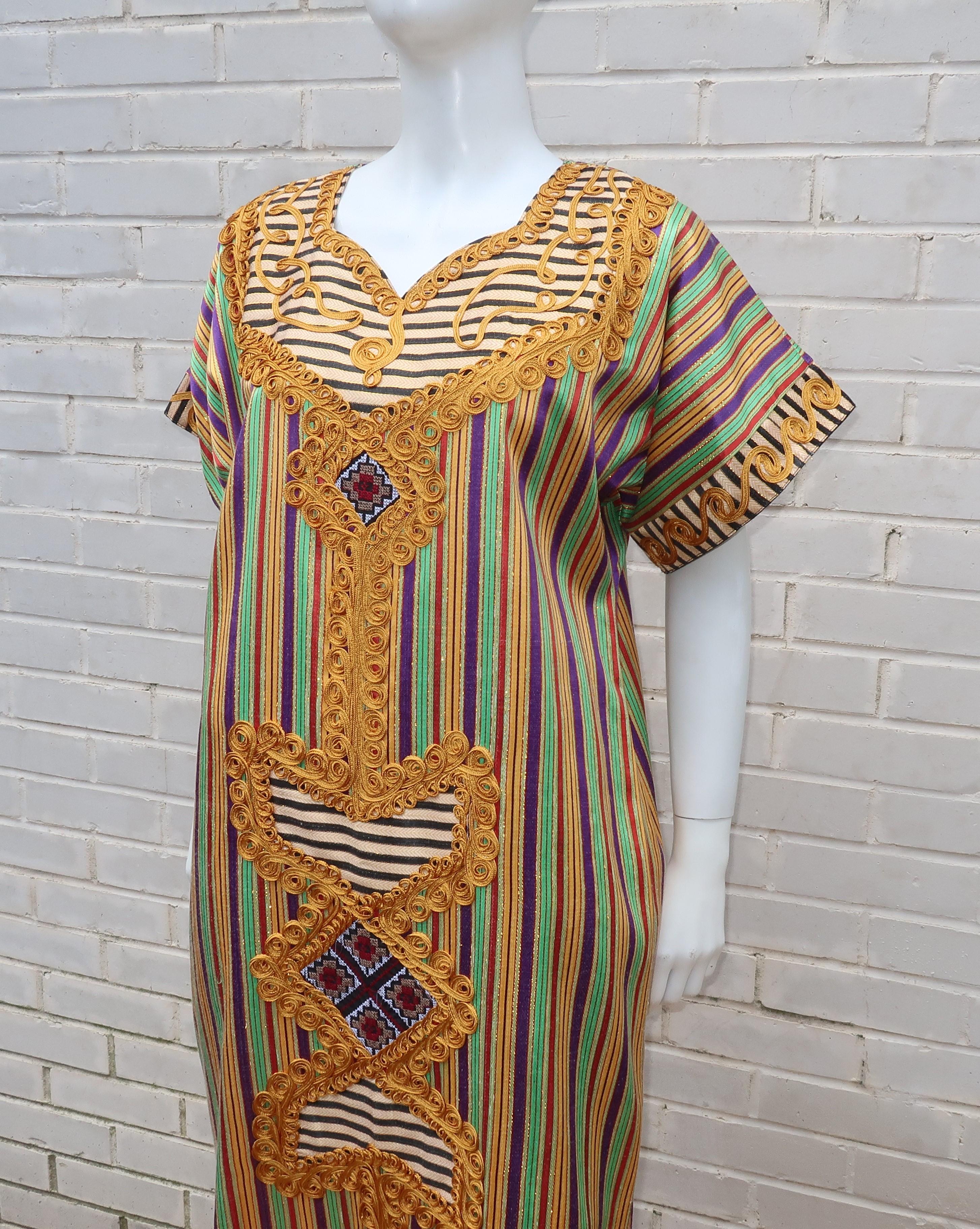 Women's Egyptian Vintage Striped Caftan Dress With Ornate Trim