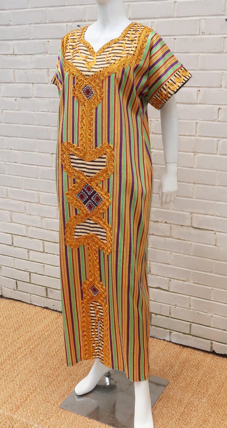 Egyptian Vintage Striped Caftan Dress With Ornate Trim at 1stDibs