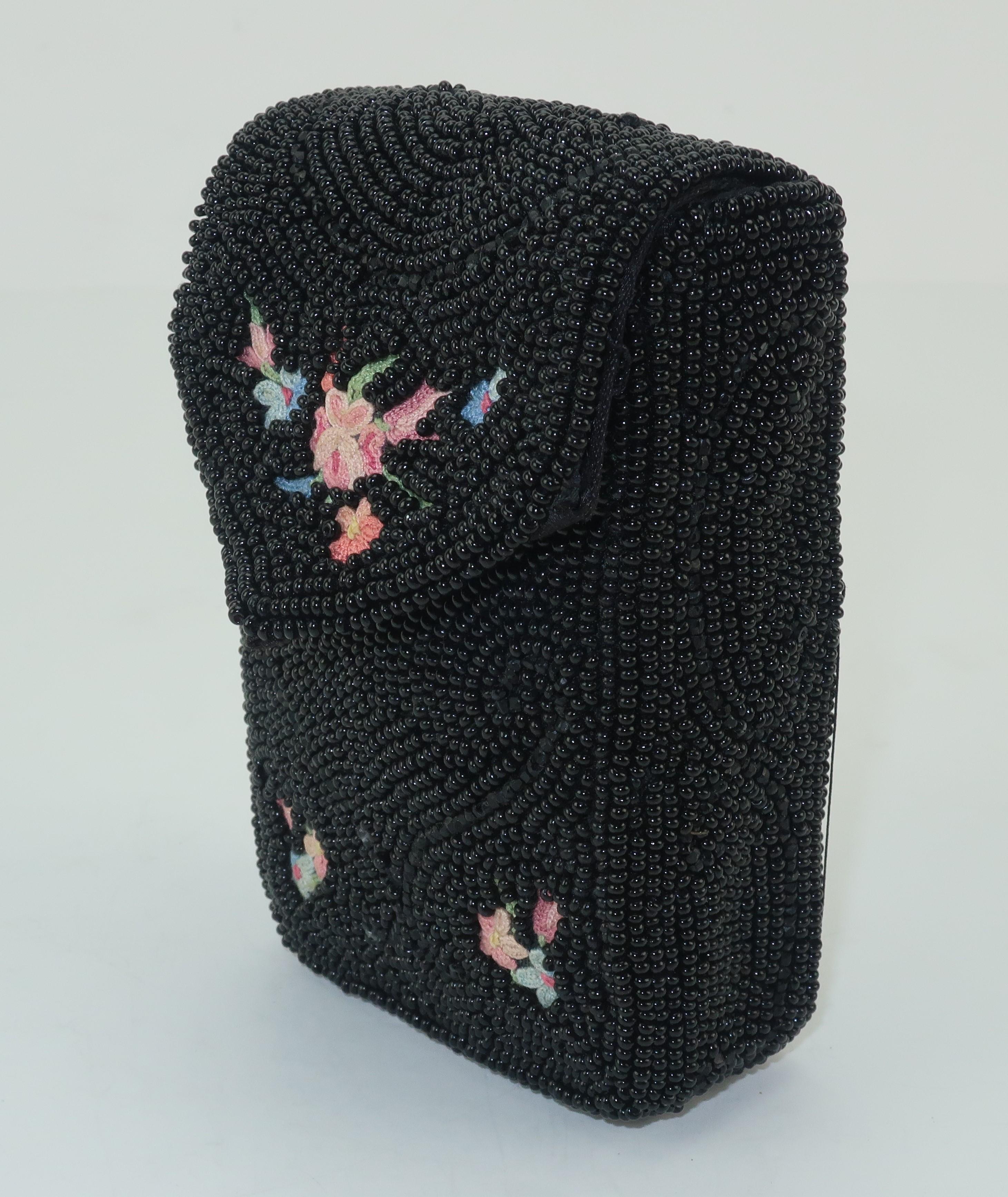 1950's French Black Beaded & Embroidered Cigarette Box Case In Excellent Condition In Atlanta, GA