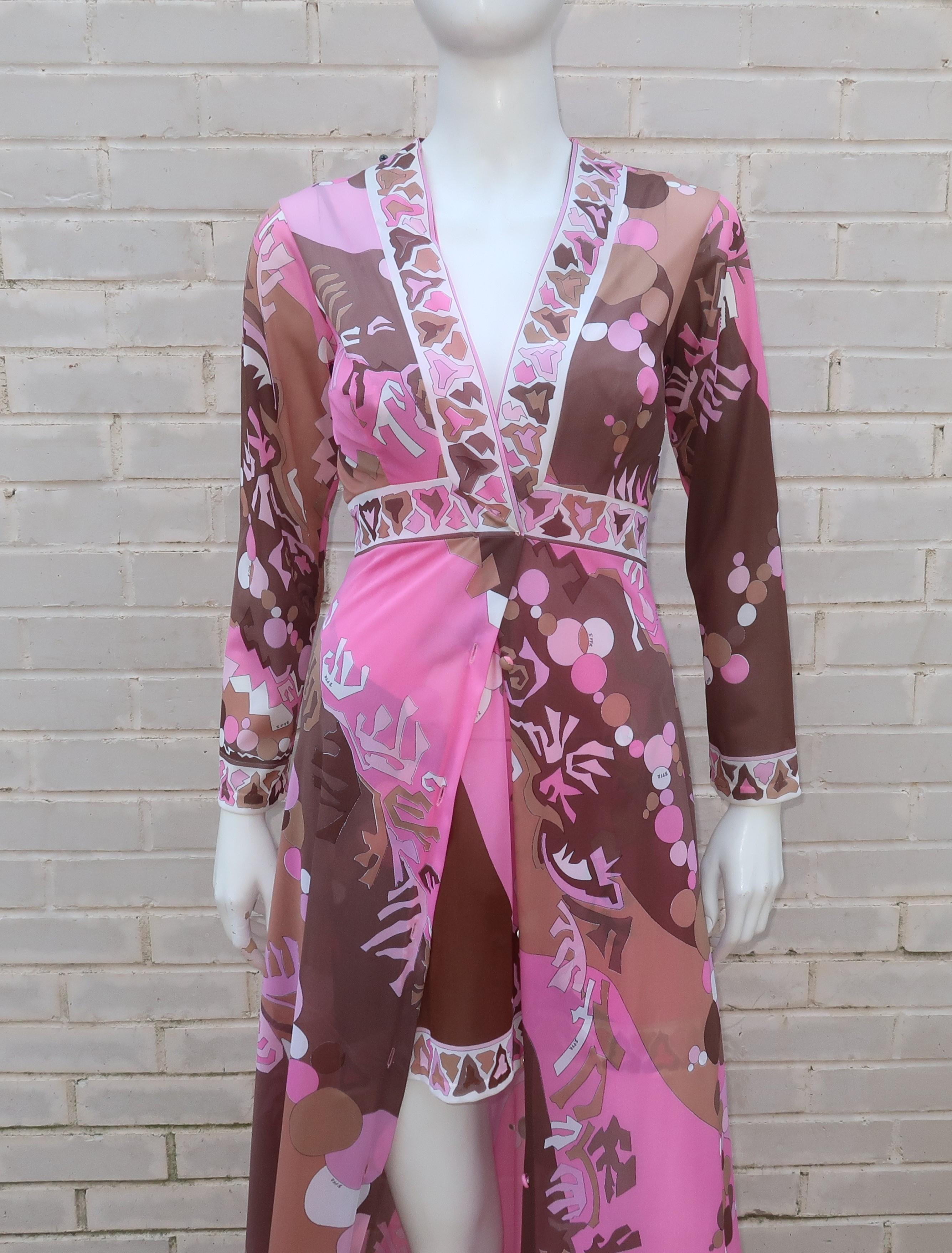 Emilio Pucci, the king of psychedelic prints, collaborated in the 1960's with Formfit Rogers to produce lingerie and hostess wear with his signature mod style.  This peignoir set consisting of a short nightgown and coordinating robe is made from