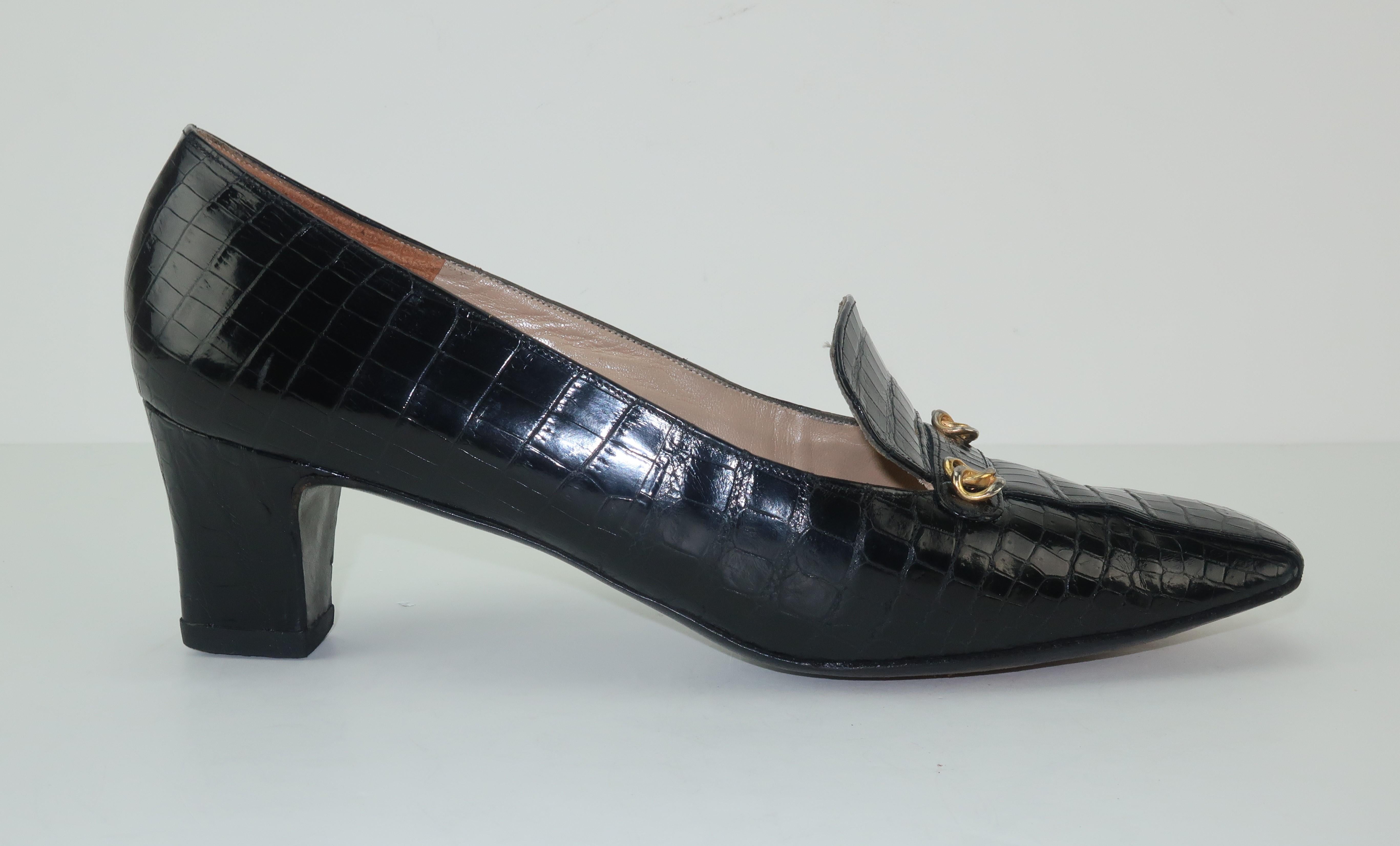 Women's C.1960 Charles Jourdan Black Crocodile Heeled Loafers Shoes