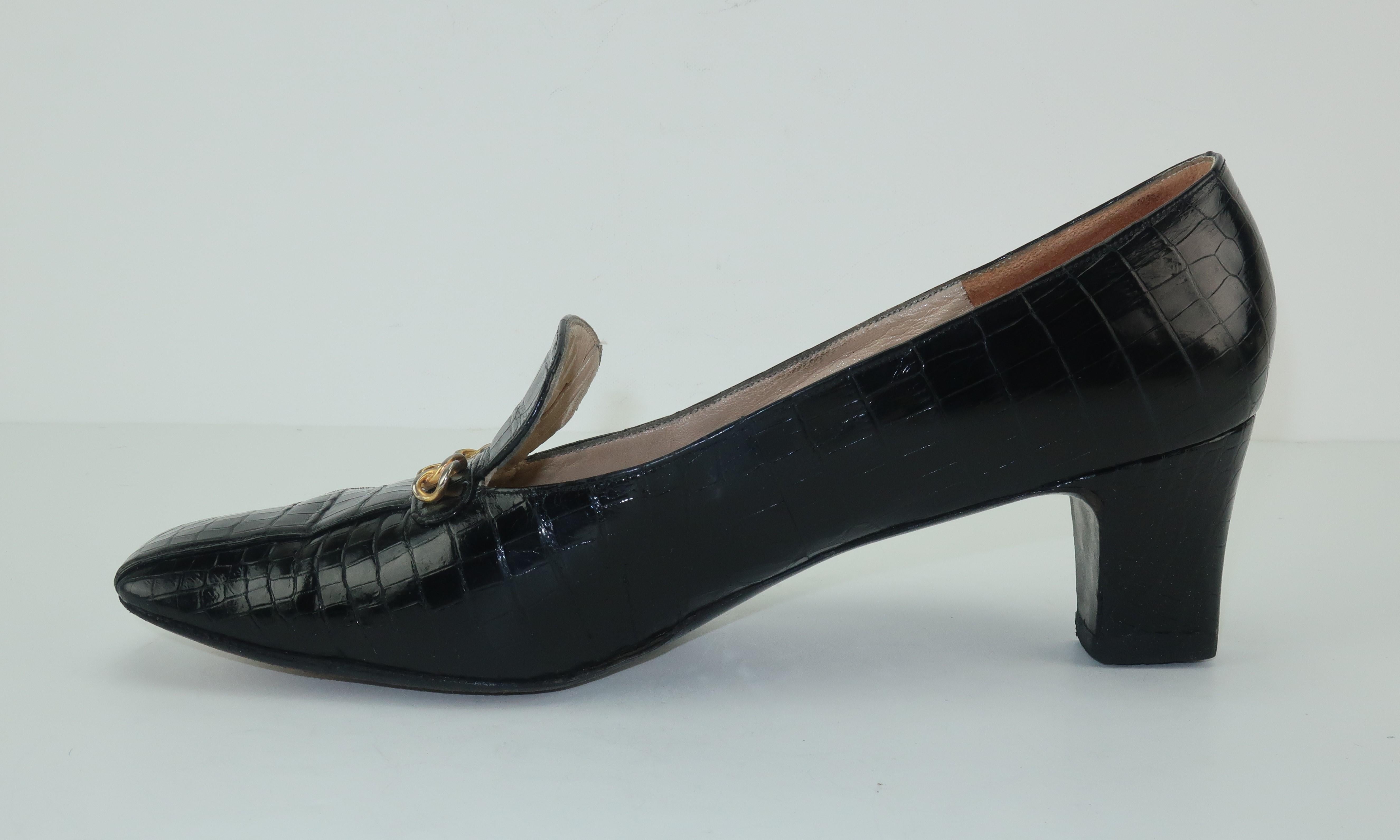 C.1960 Charles Jourdan Black Crocodile Heeled Loafers Shoes 1
