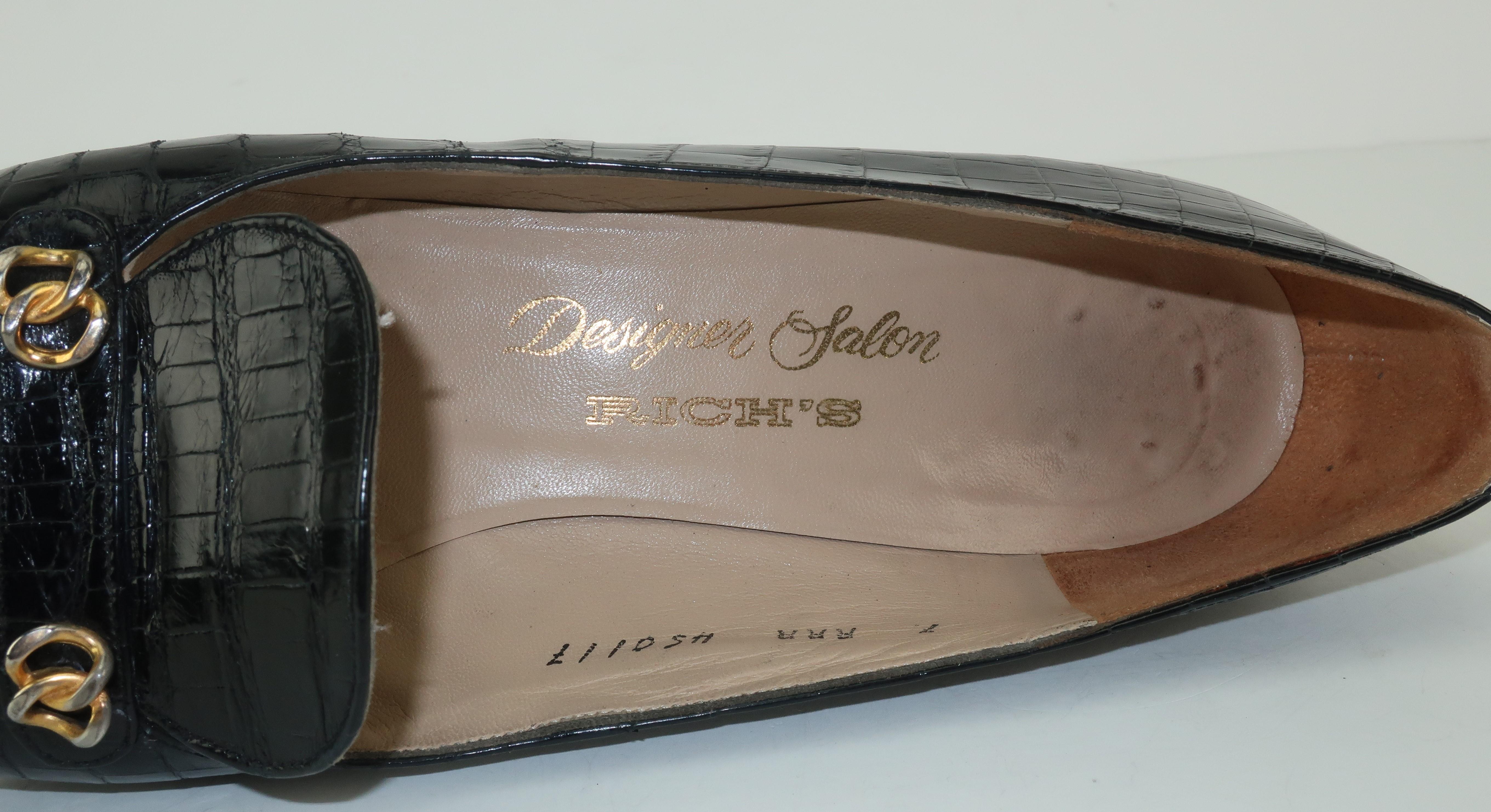 C.1960 Charles Jourdan Black Crocodile Heeled Loafers Shoes 3