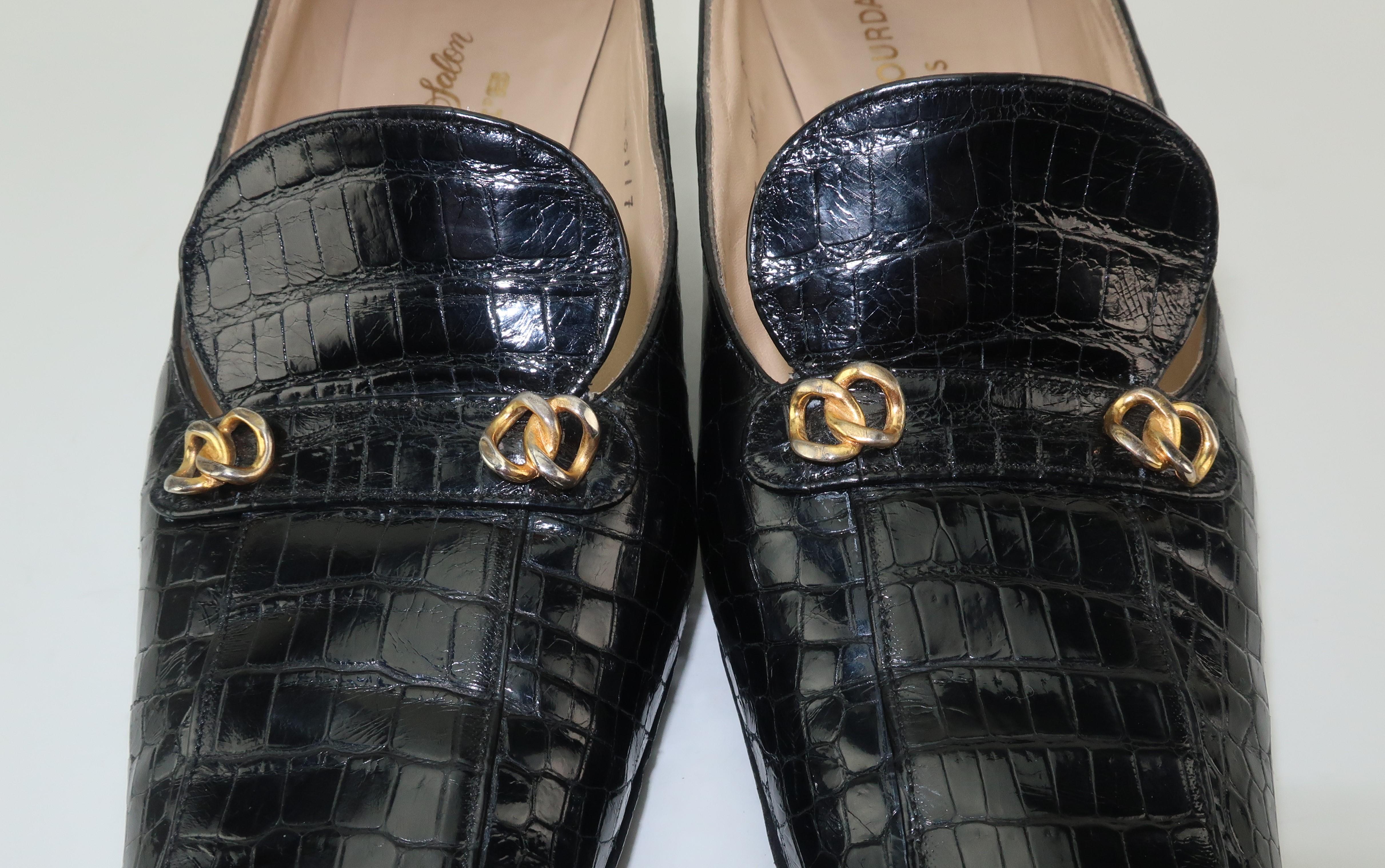 C.1960 Charles Jourdan Black Crocodile Heeled Loafers Shoes 5