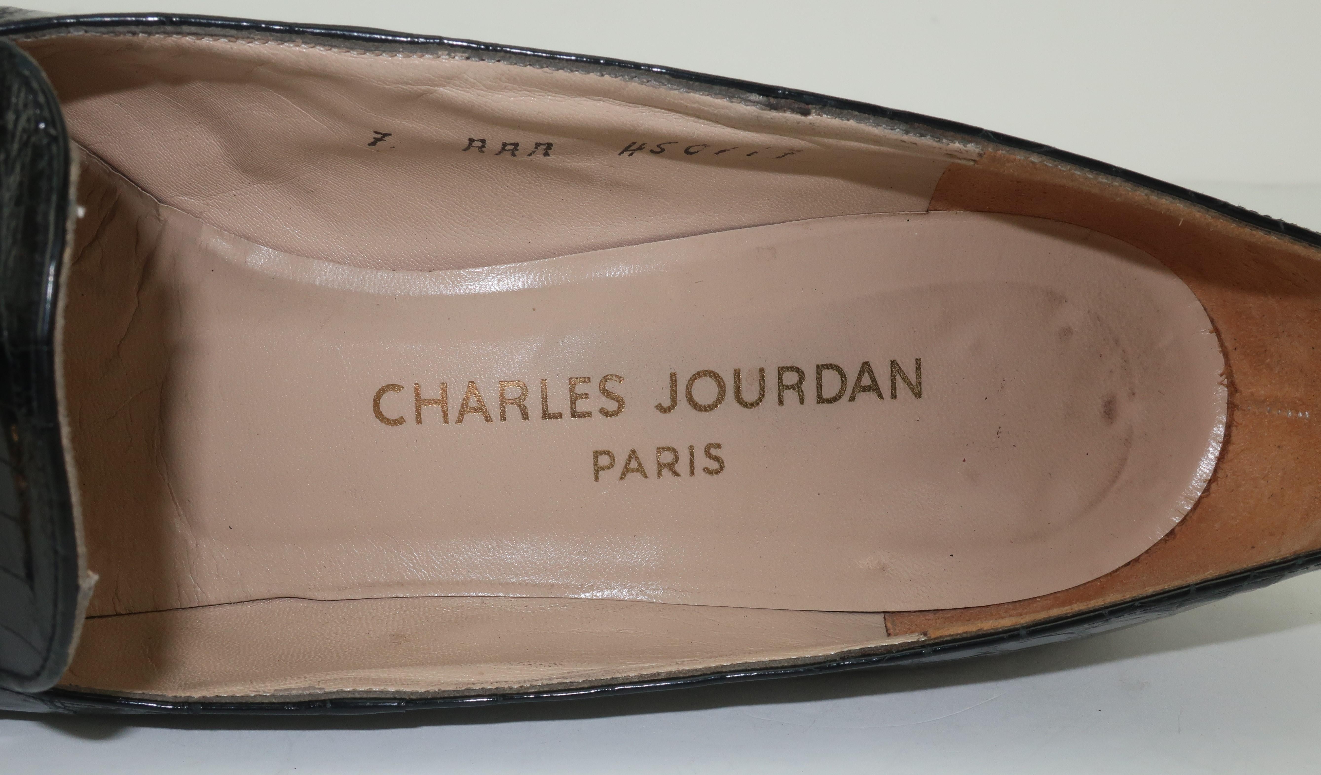 C.1960 Charles Jourdan Black Crocodile Heeled Loafers Shoes 2