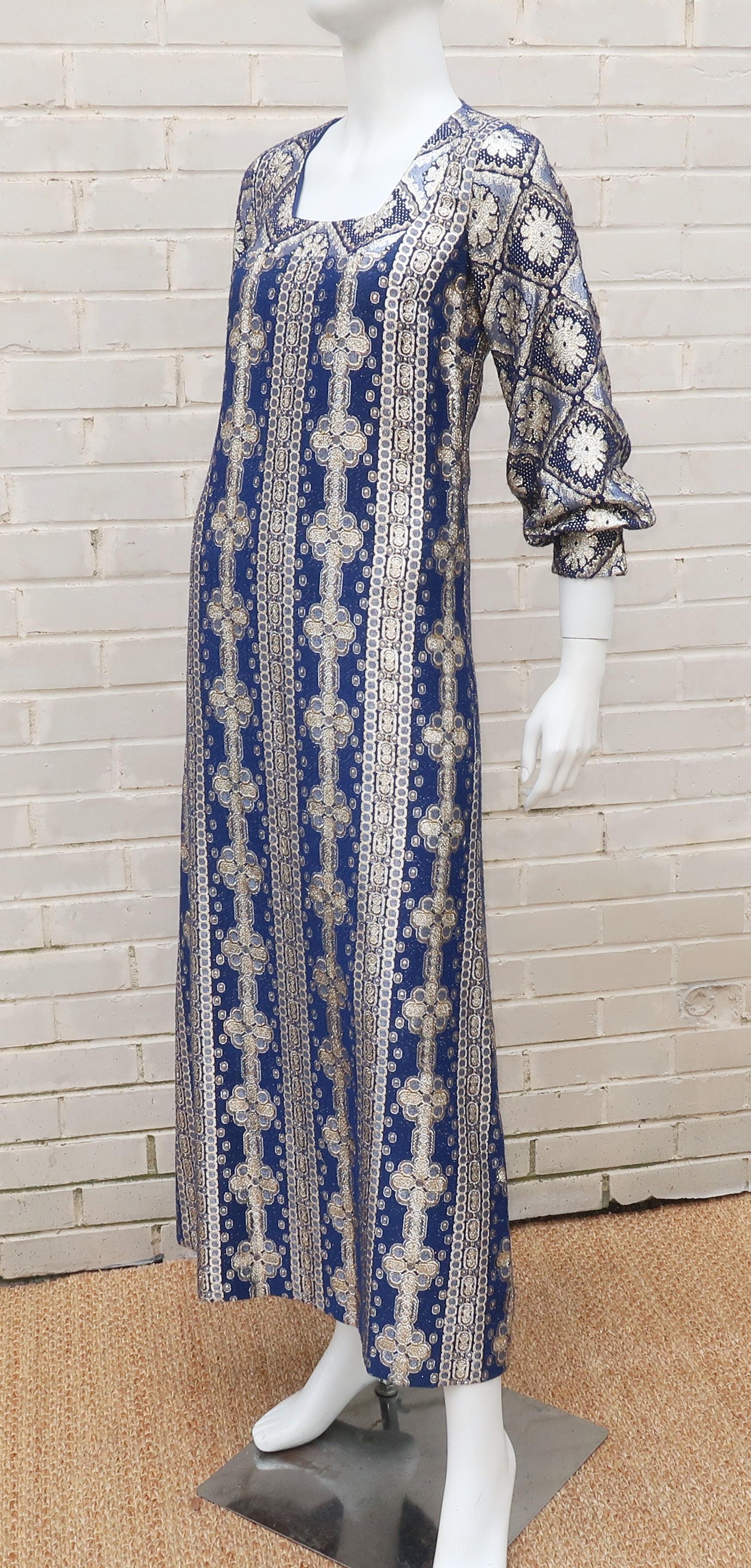 Exotic 1970's Bob Cunningham Blue & Gold Lamé Brocade Dress 1