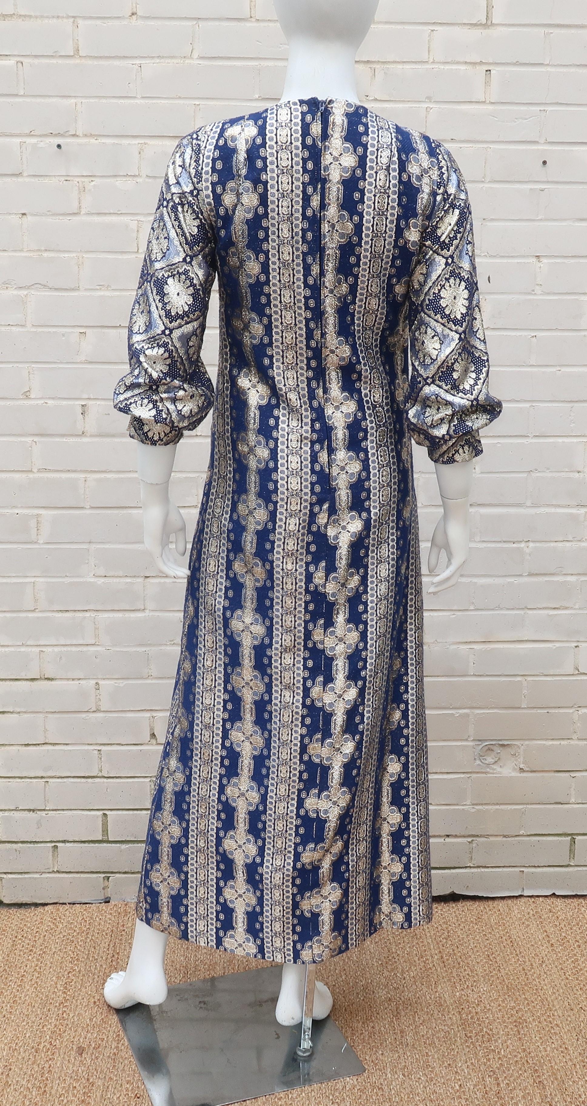 Exotic 1970's Bob Cunningham Blue & Gold Lamé Brocade Dress 2