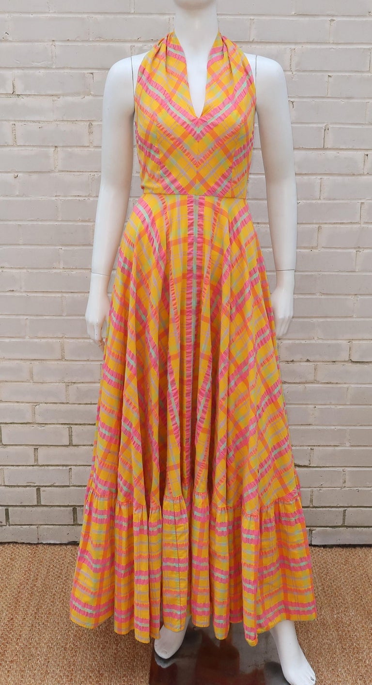 Christian Dior Seersucker Plaid Cotton Halter Peasant Dress, 1960s
