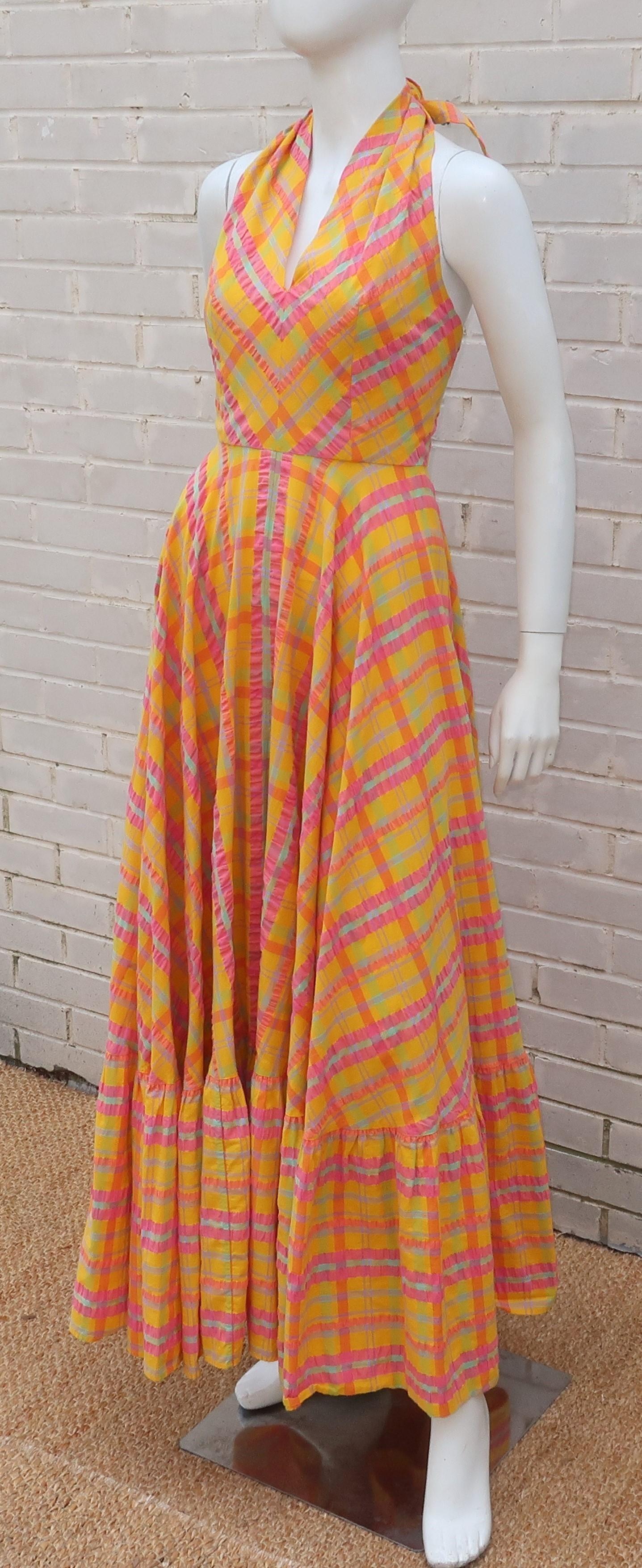 Christian Dior Seersucker Plaid Cotton Halter Peasant Dress, 1960s  3