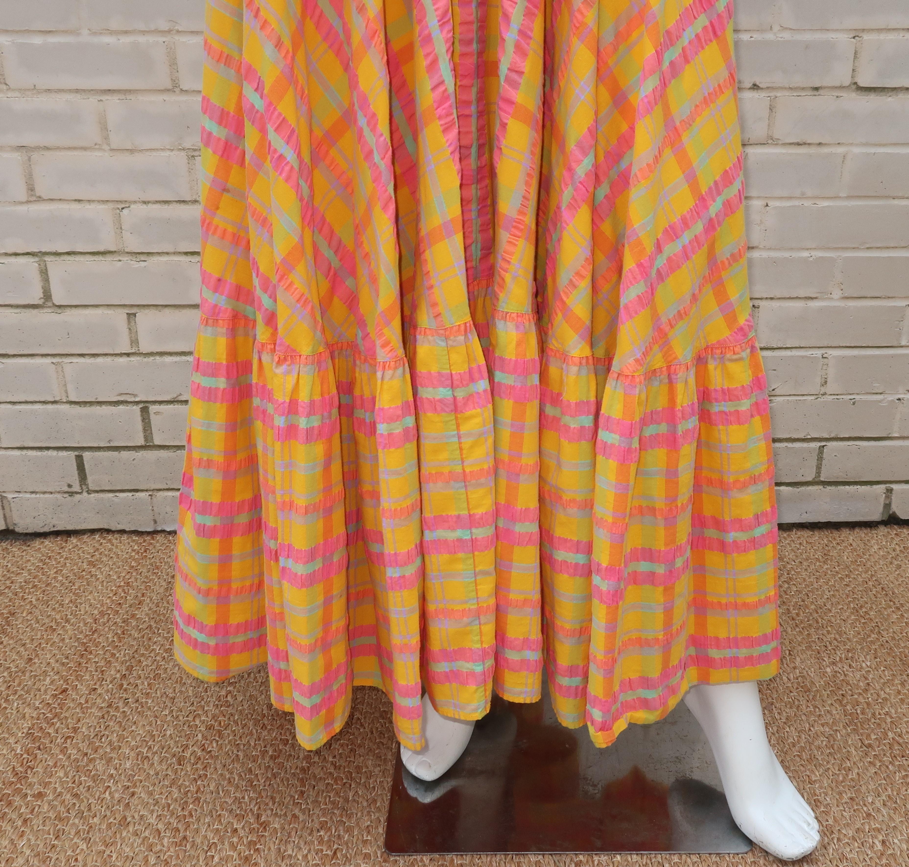 Christian Dior Seersucker Plaid Cotton Halter Peasant Dress, 1960s 1