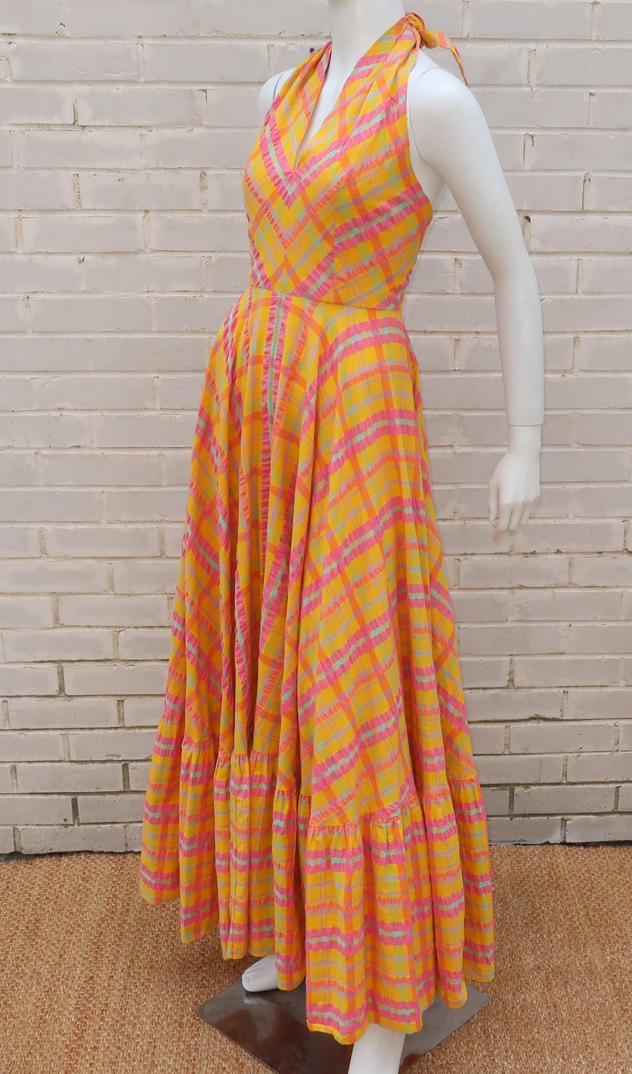 Christian Dior Seersucker Plaid Cotton Halter Peasant Dress, 1960s 4