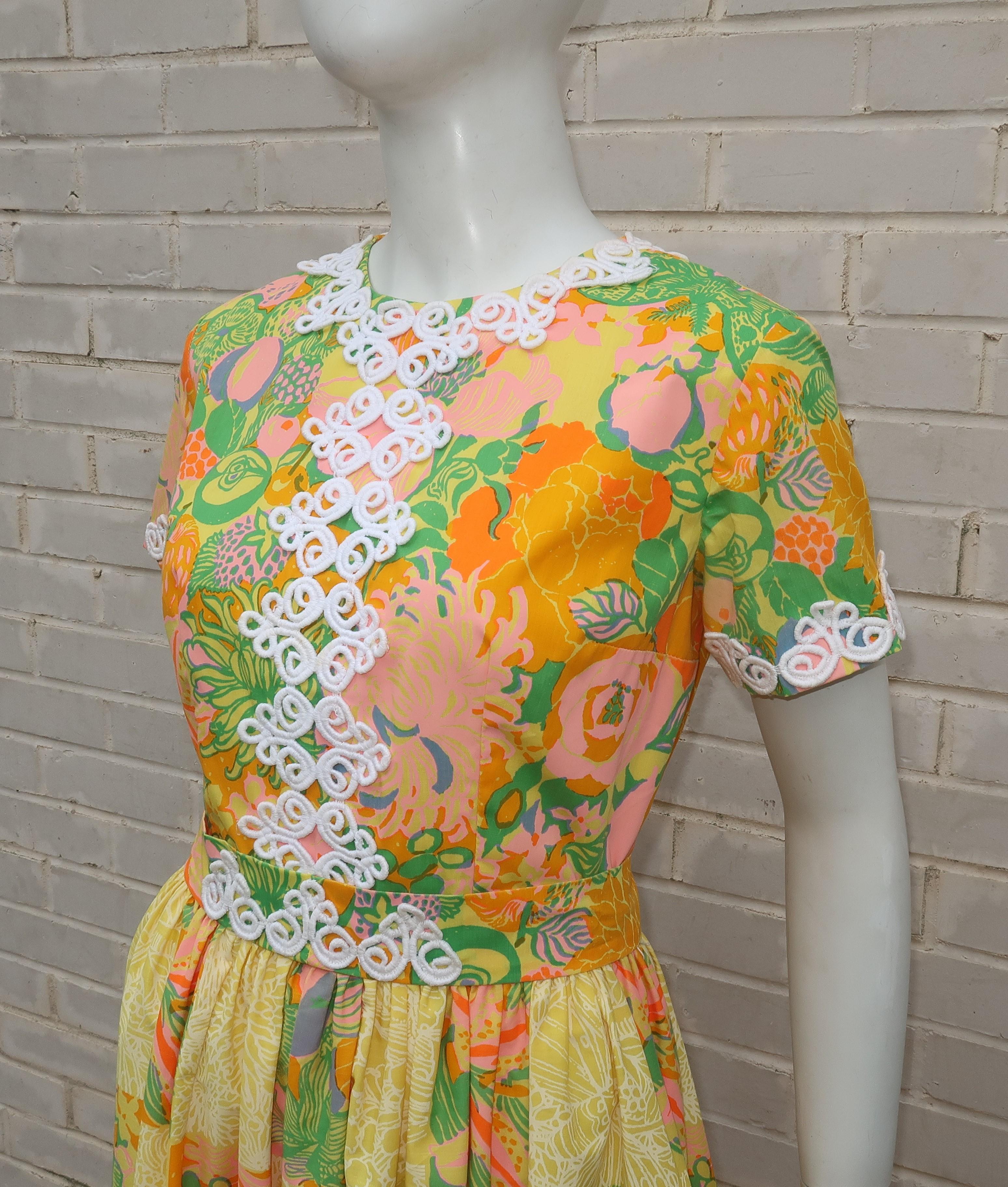 Brown Lilly Pulitzer Fruit and Floral Print Maxi Dress, 1960s 