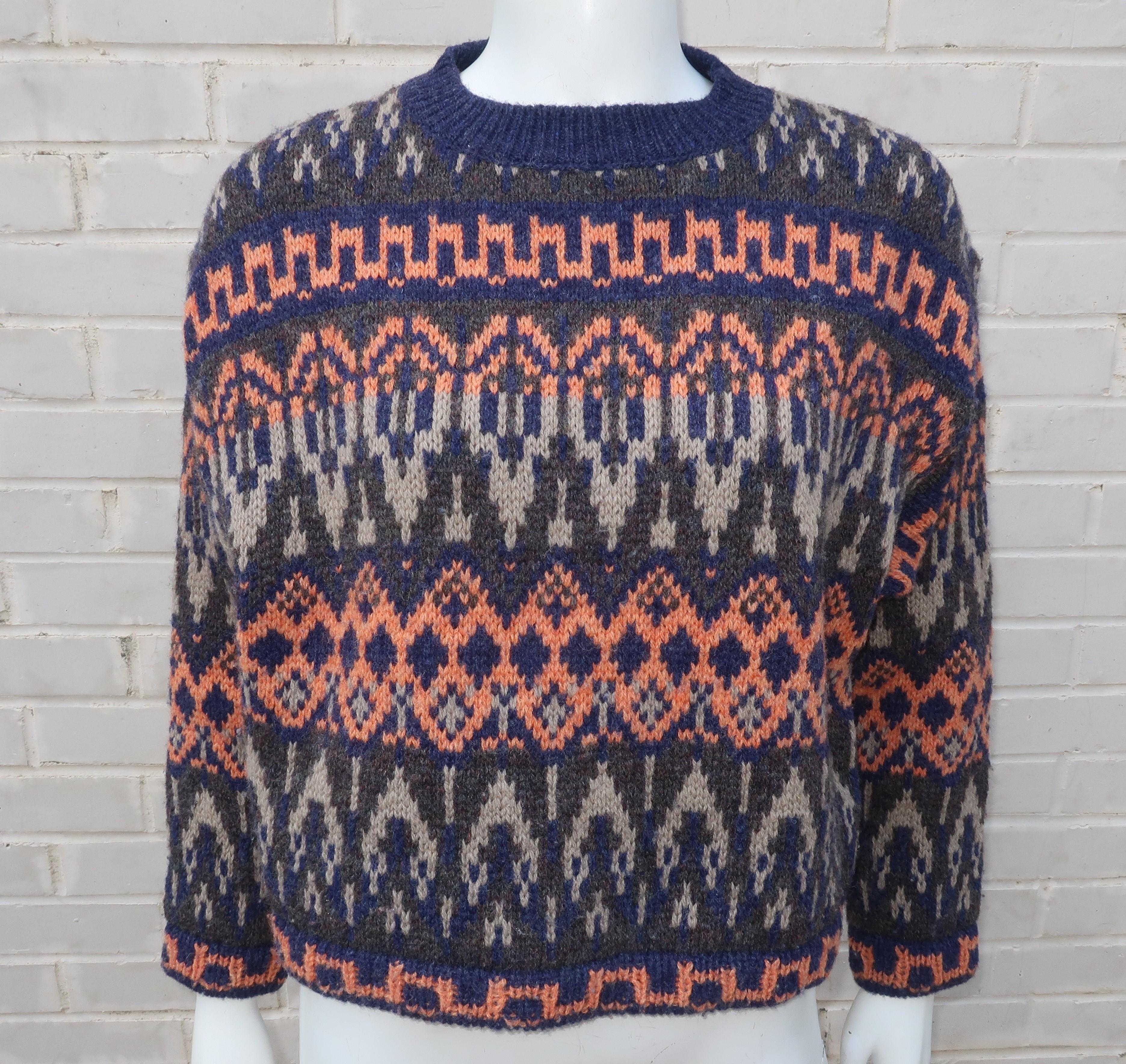 Black Benetton Italian Shetland Wool Fair Isle Sweater, 1980s 