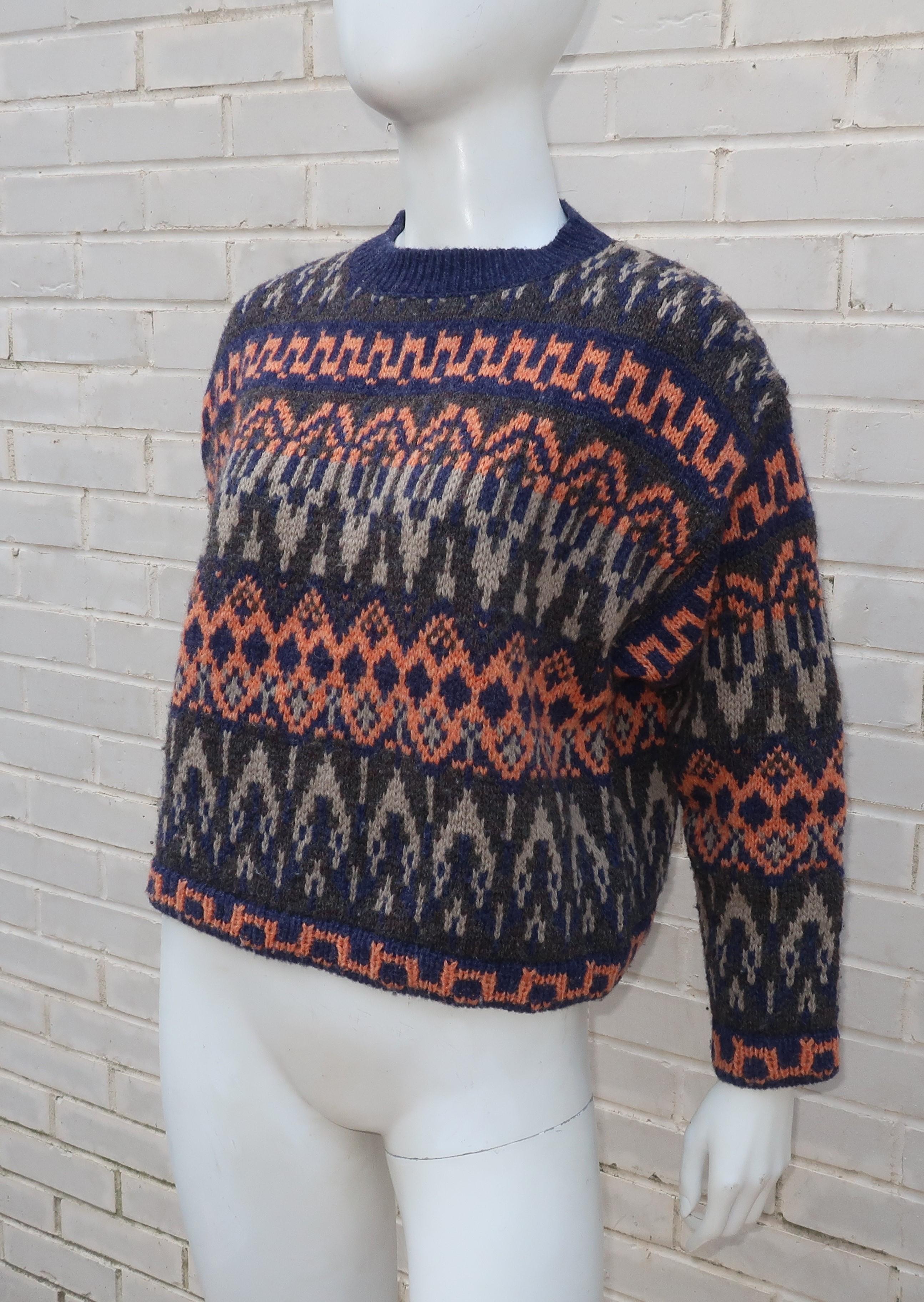 If you are a child of the 1980's, then you will remember the 'United Colors of Benetton' and the colorful and sometimes controversial ads featuring youthful faces in sporty Italian attire.  This Fair Isle style pullover sweater fits right in and has