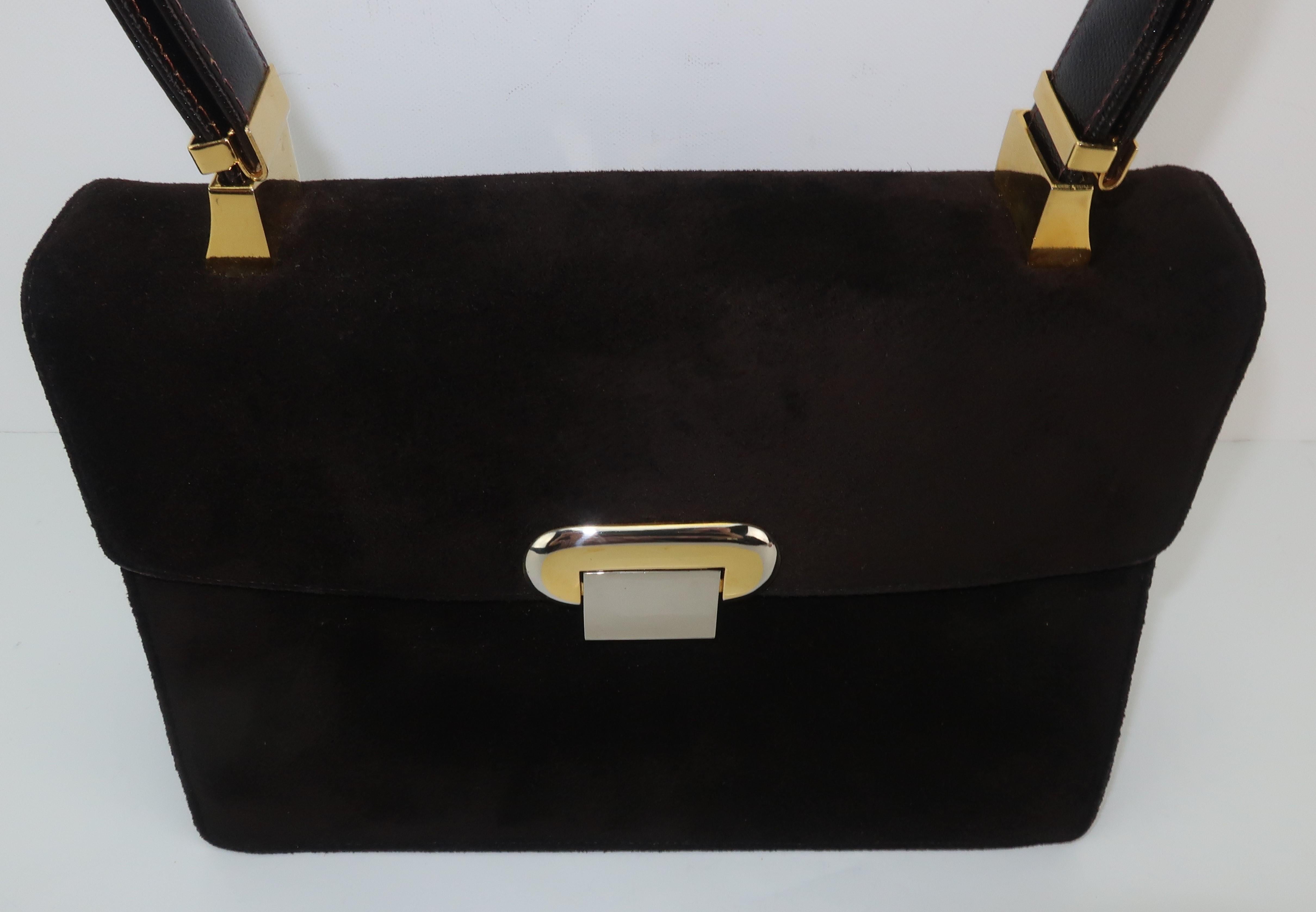Koret Dark Brown Suede Handbag with Convertible Handle / Unique Closure, 1960s  In Good Condition In Atlanta, GA