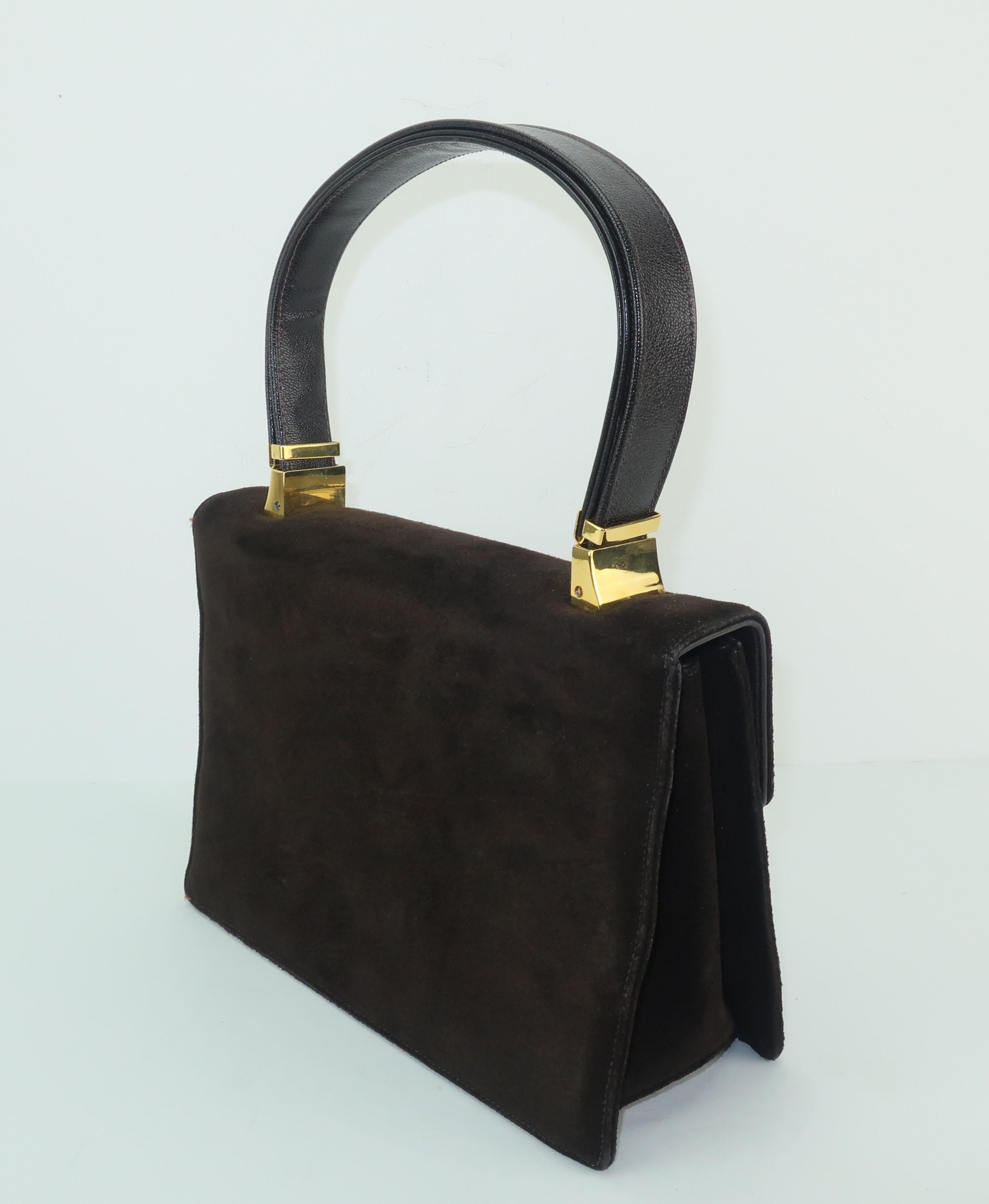 Women's Koret Dark Brown Suede Handbag with Convertible Handle / Unique Closure, 1960s 