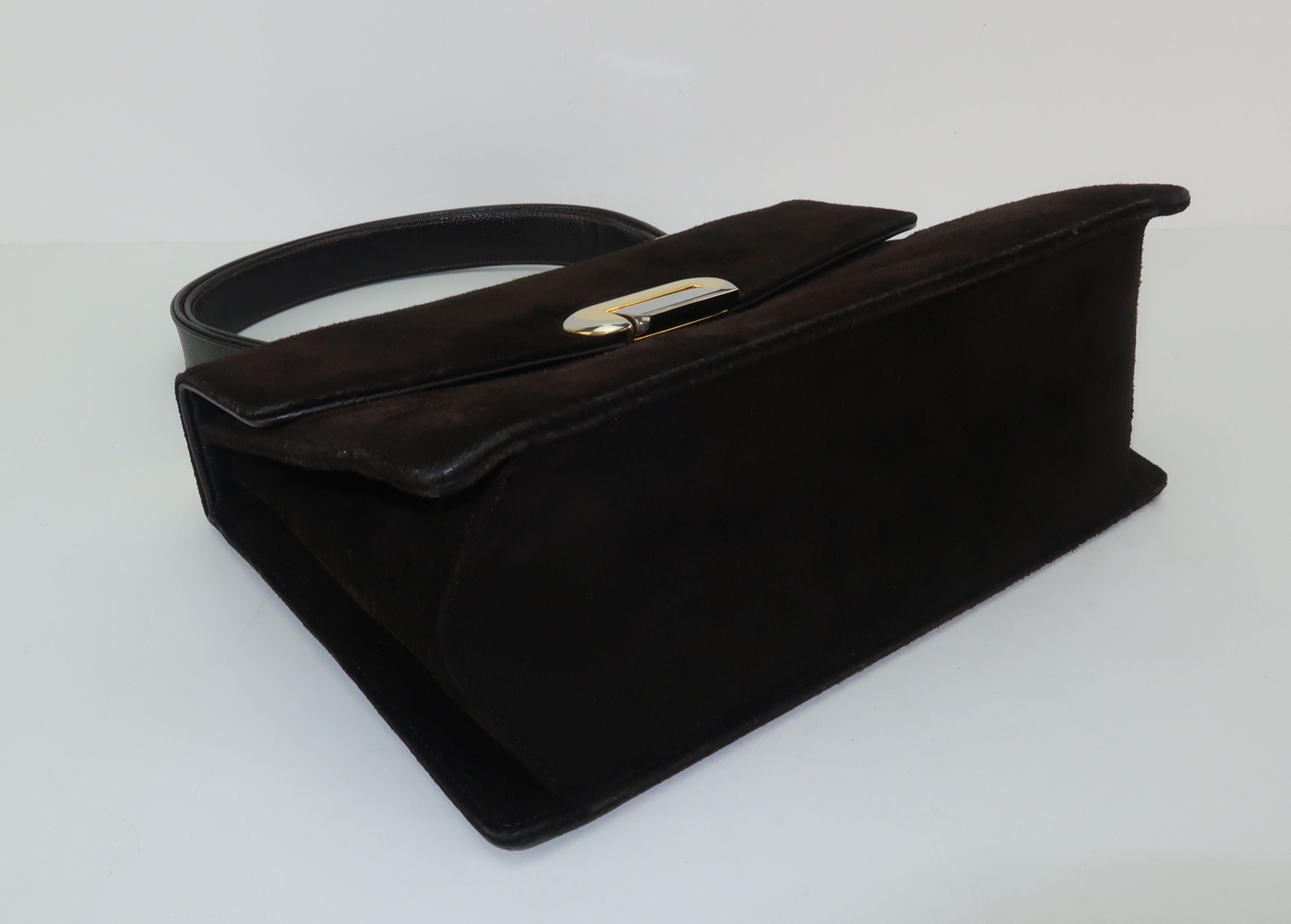 Koret Dark Brown Suede Handbag with Convertible Handle / Unique Closure, 1960s  1
