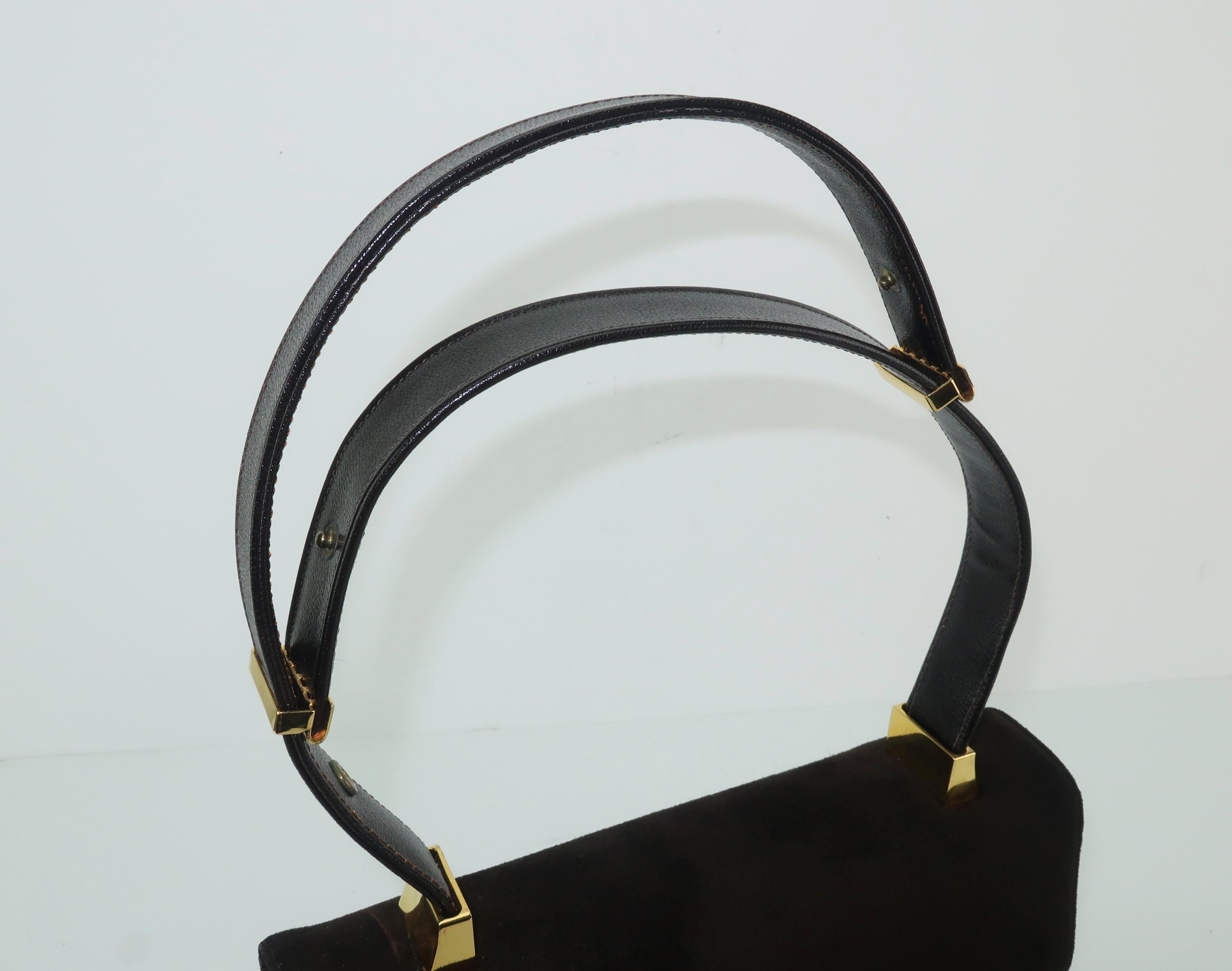 Black Koret Dark Brown Suede Handbag with Convertible Handle / Unique Closure, 1960s 