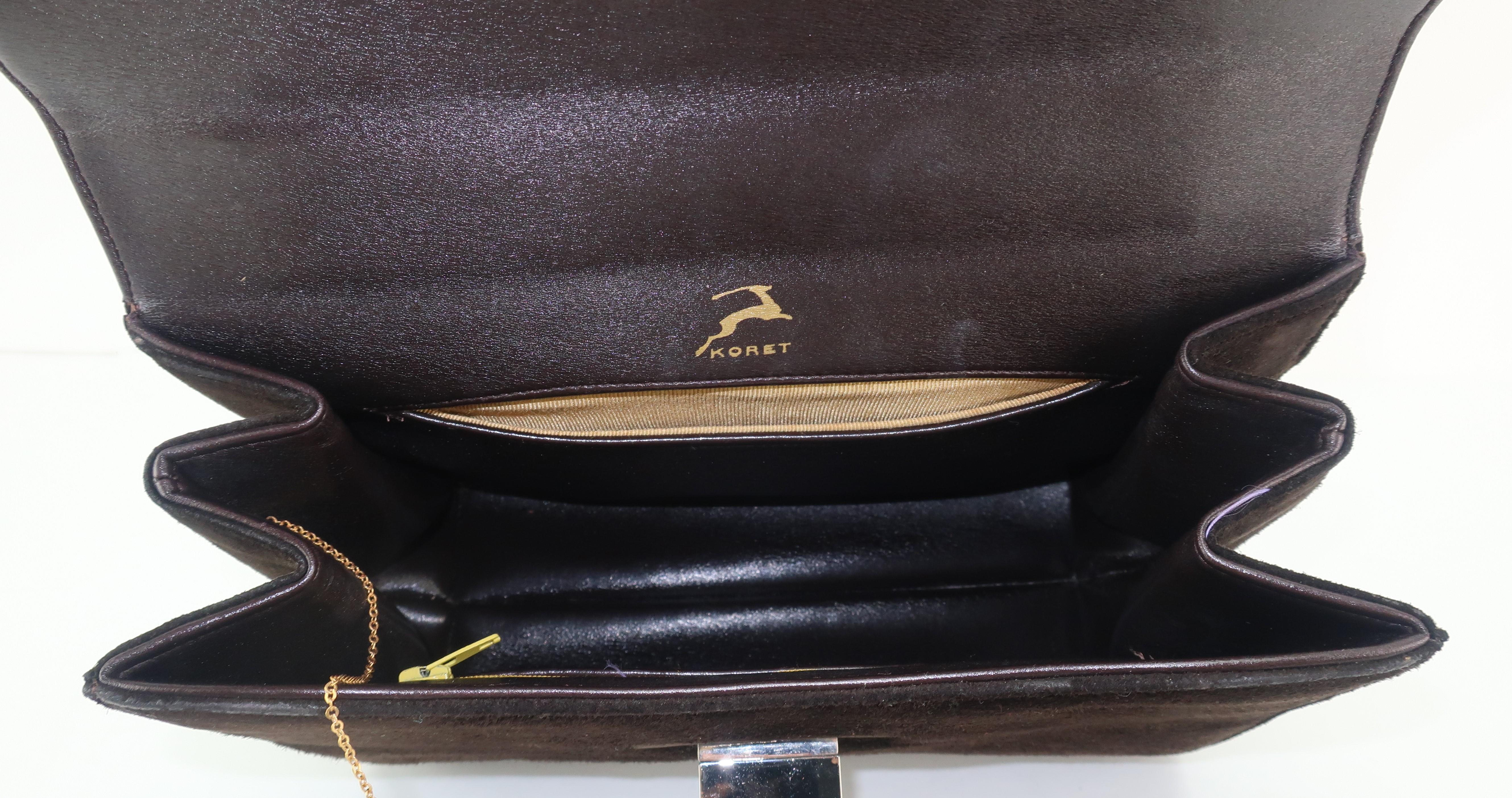 Koret Dark Brown Suede Handbag with Convertible Handle / Unique Closure, 1960s  5