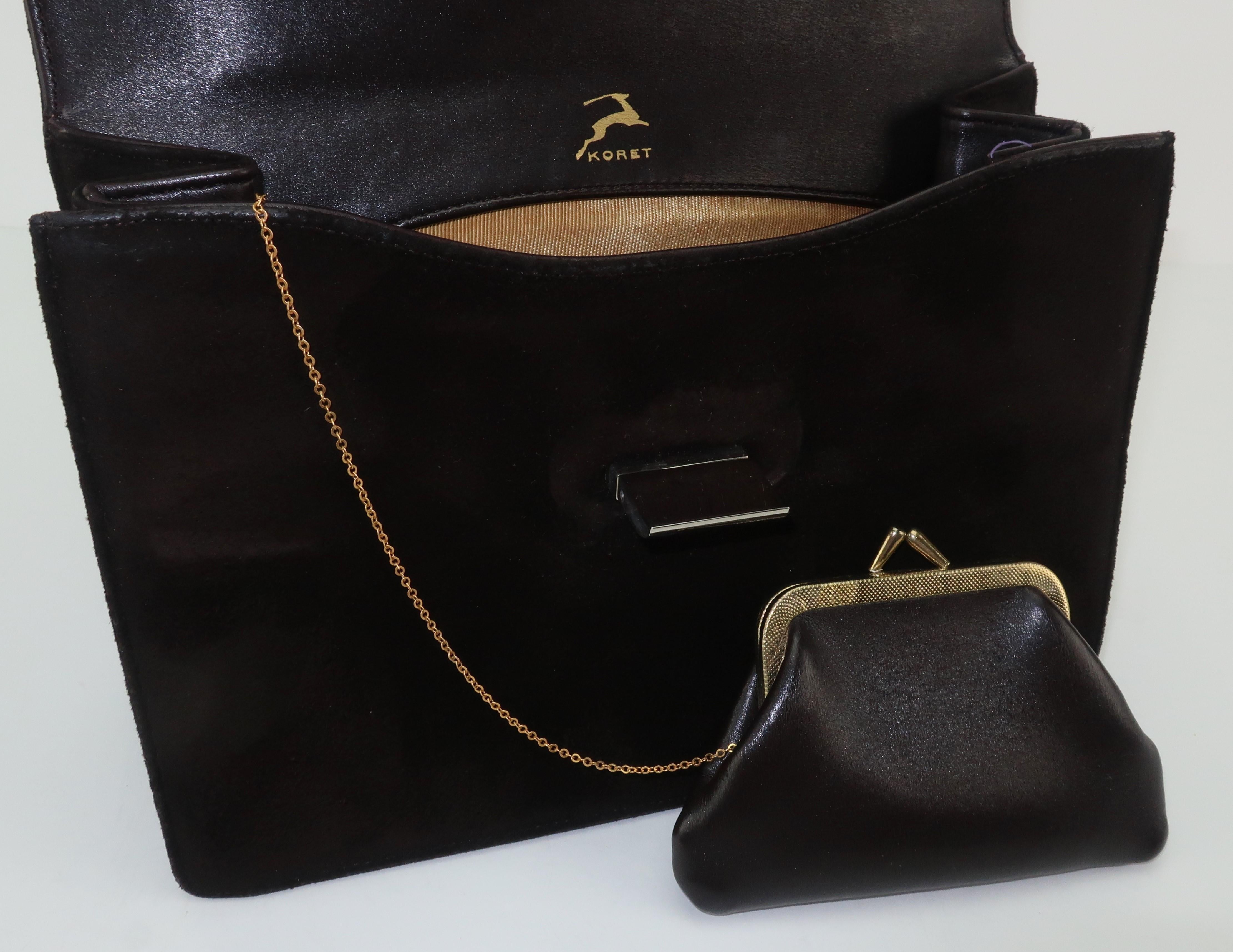 Koret Dark Brown Suede Handbag with Convertible Handle / Unique Closure, 1960s  4