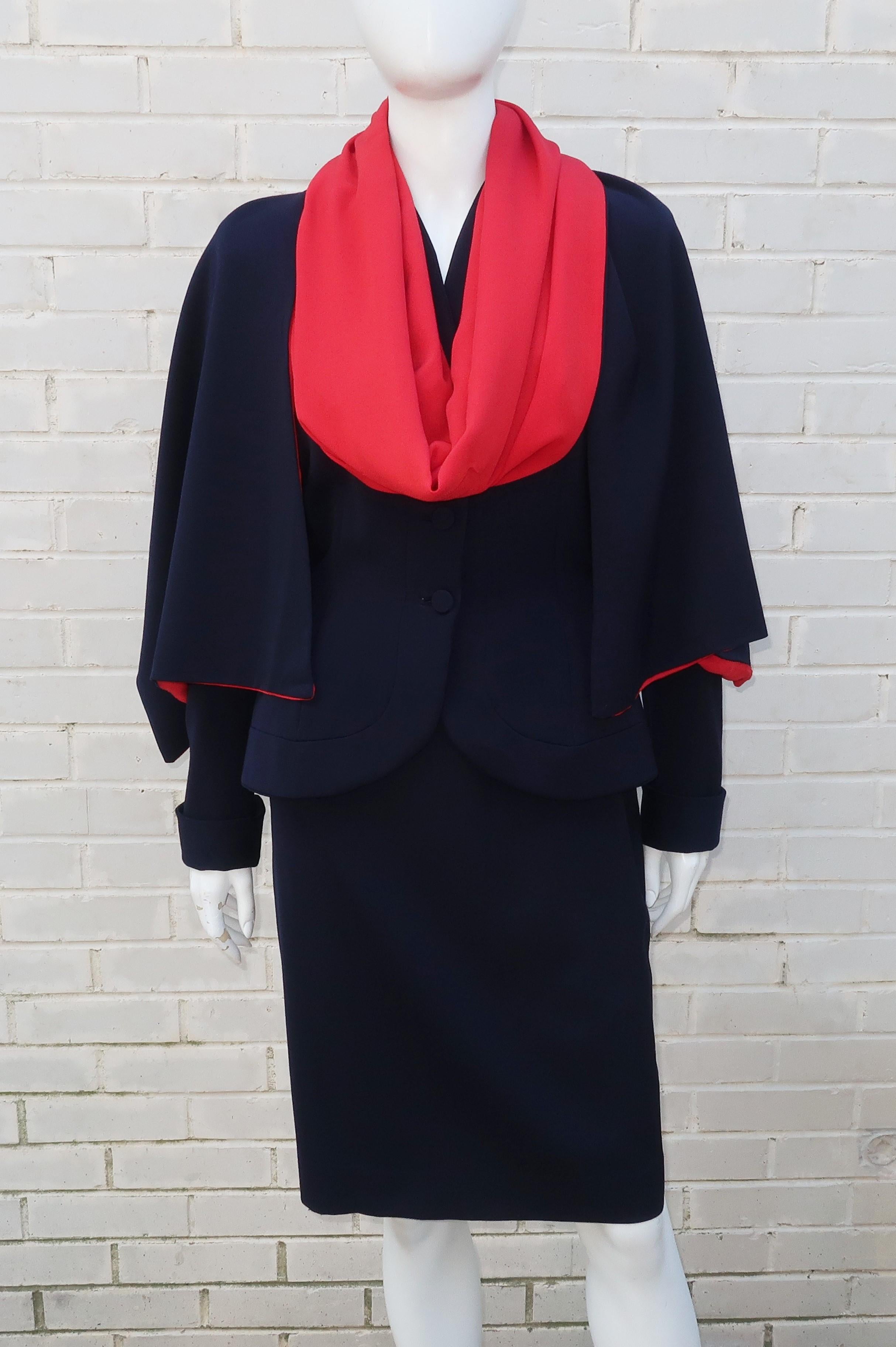 Dan Millstein Adaptation of Balenciaga Blue and Red Suit With Drape, 1950s  In Good Condition In Atlanta, GA