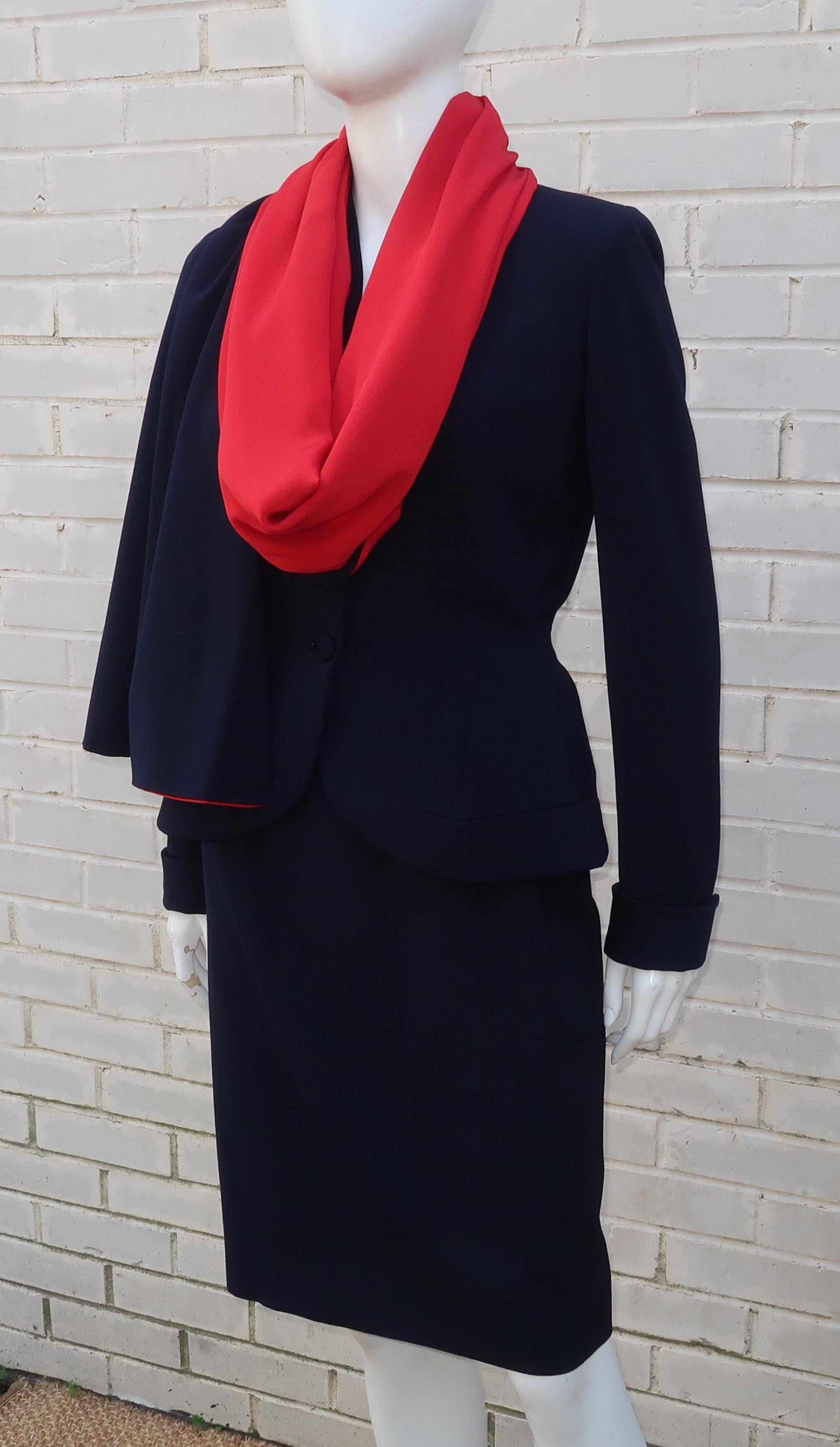 Women's Dan Millstein Adaptation of Balenciaga Blue and Red Suit With Drape, 1950s