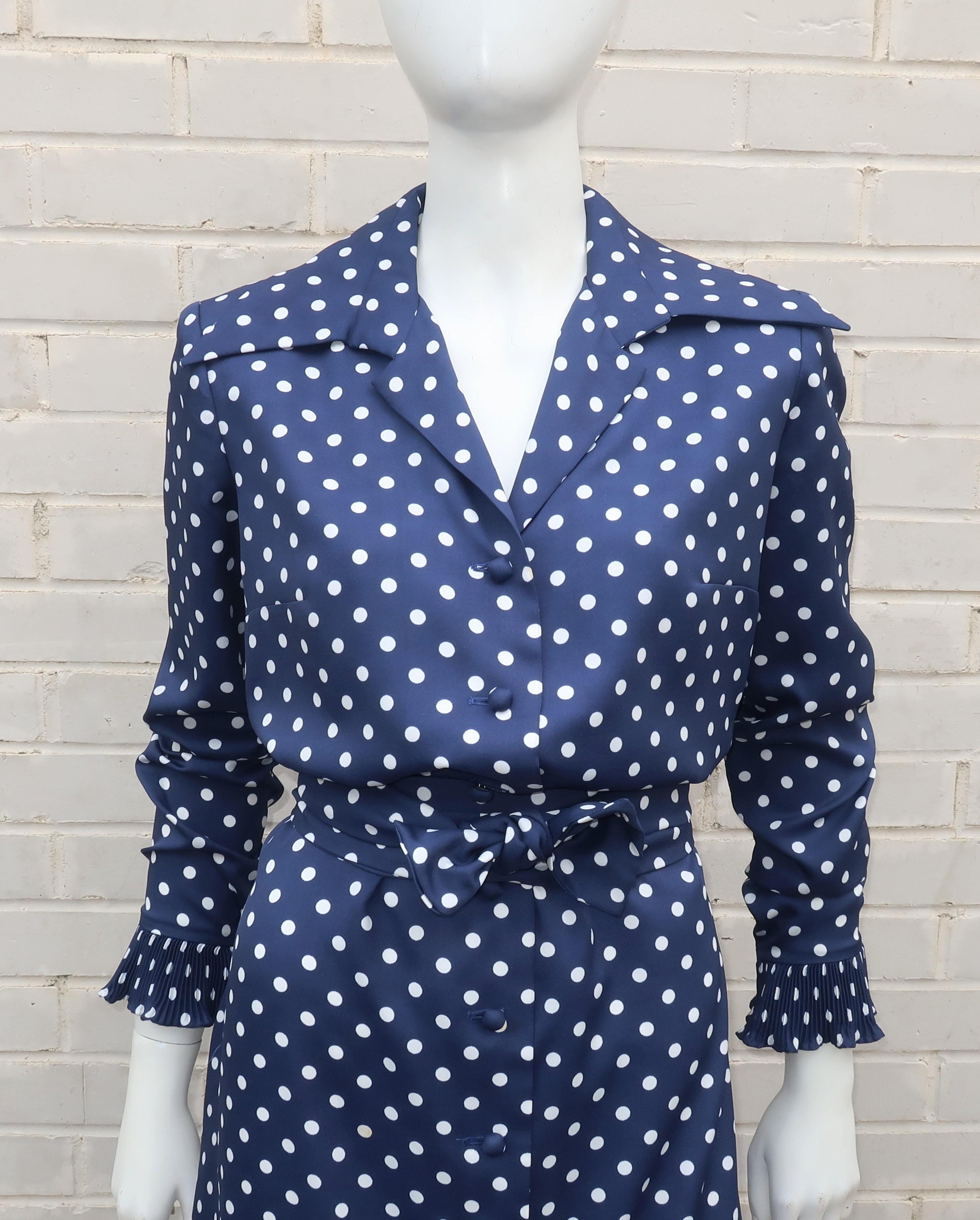 Victor Costa earned a name for himself by designing fashionable and yet affordable apparel with a nod to the higher end American and French designer labels.  This 1970’s day dress is a fun combination of a classic shirt dress silhouette with ultra