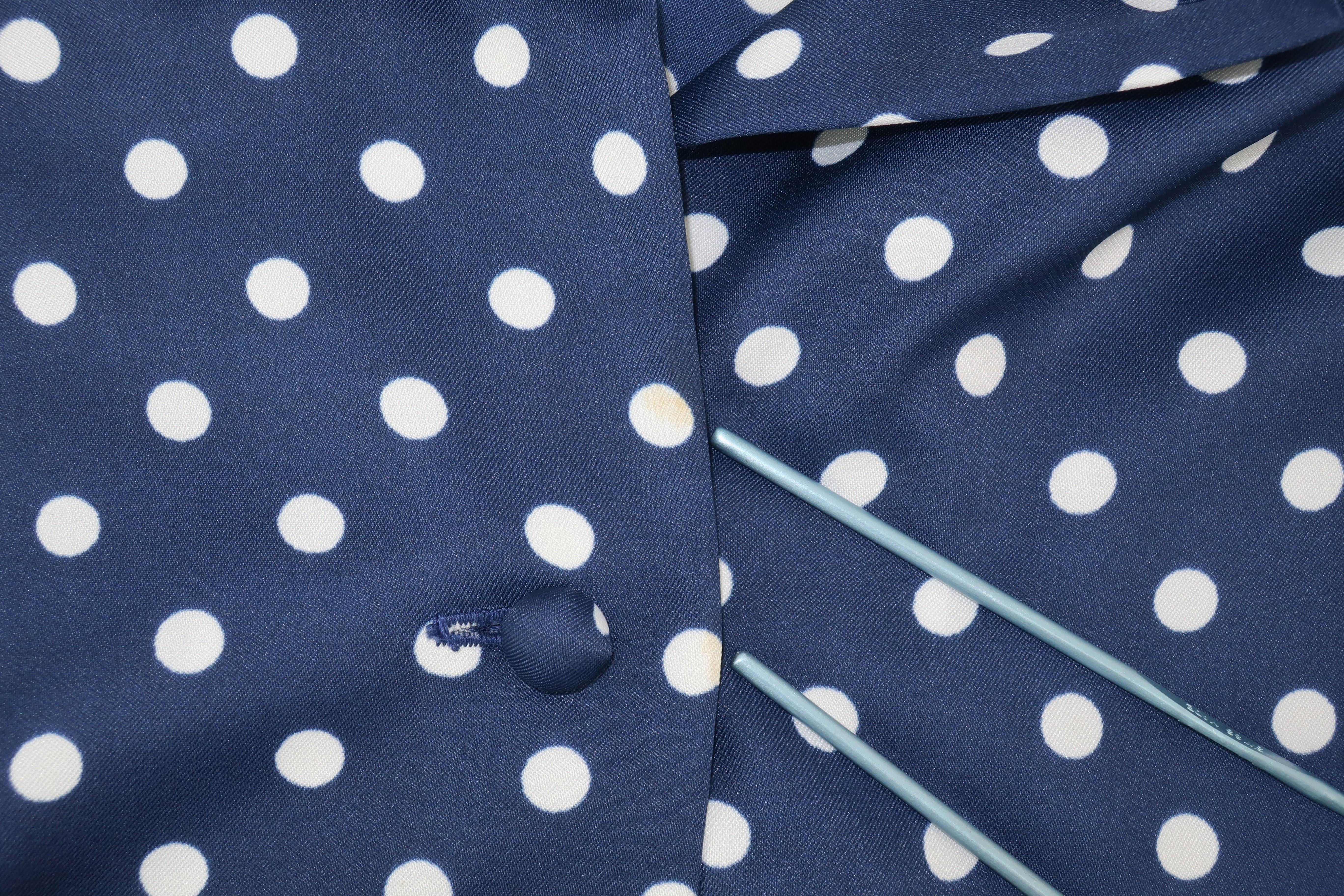 Victor Costa Blue and White Polka Dot Shirt Dress, 1970s  6