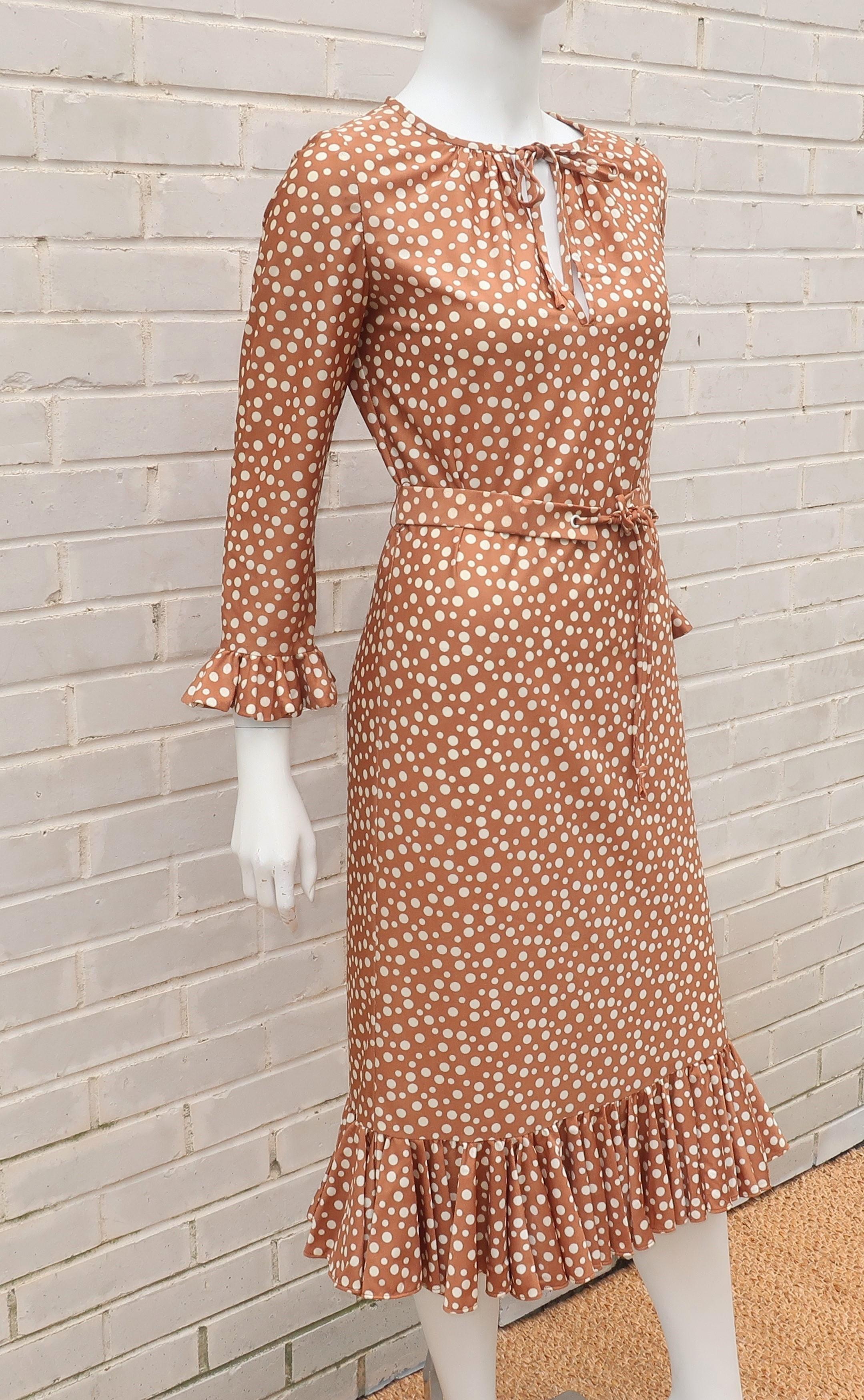 Jane Andre of California Beige Polka Dot Jersey Dress With Ruffle Hem, c 1970 2