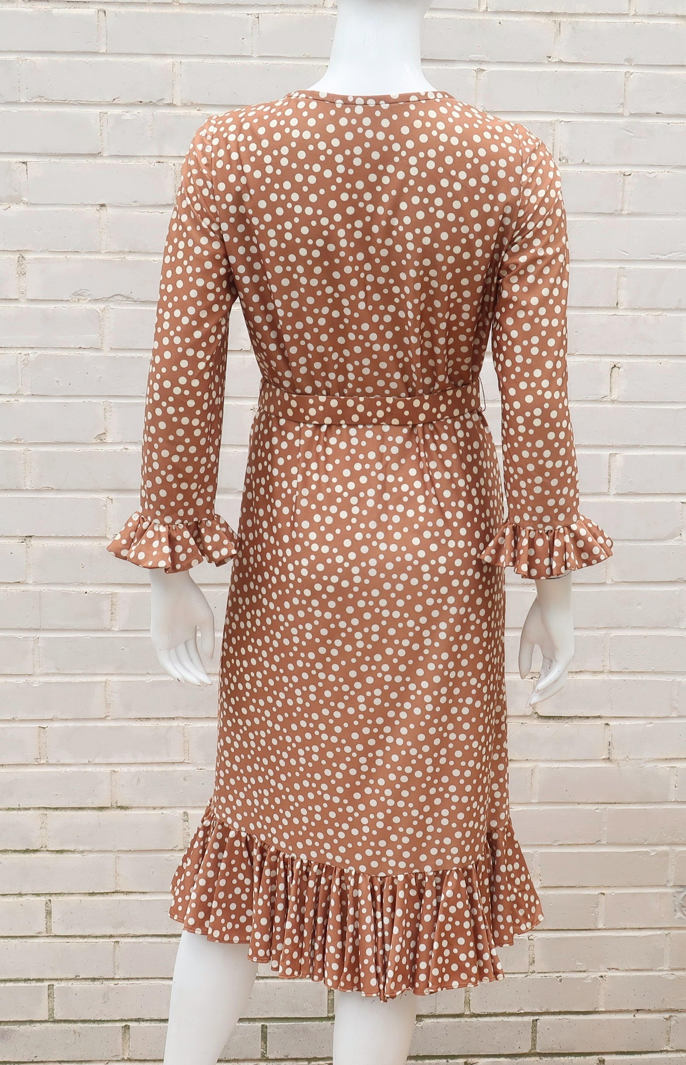 Jane Andre of California Beige Polka Dot Jersey Dress With Ruffle Hem, c 1970 3