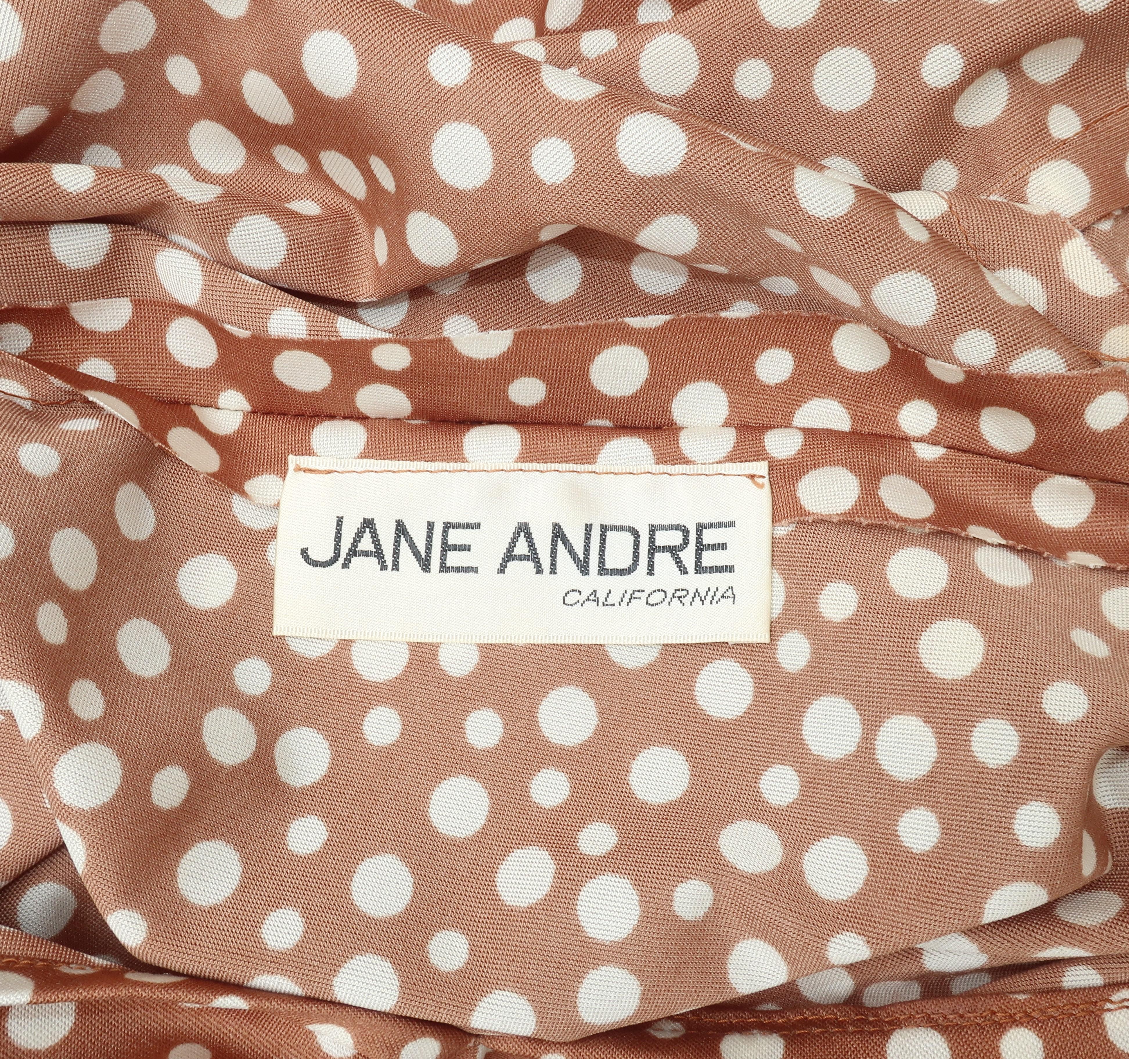 Jane Andre of California Beige Polka Dot Jersey Dress With Ruffle Hem, c 1970 5
