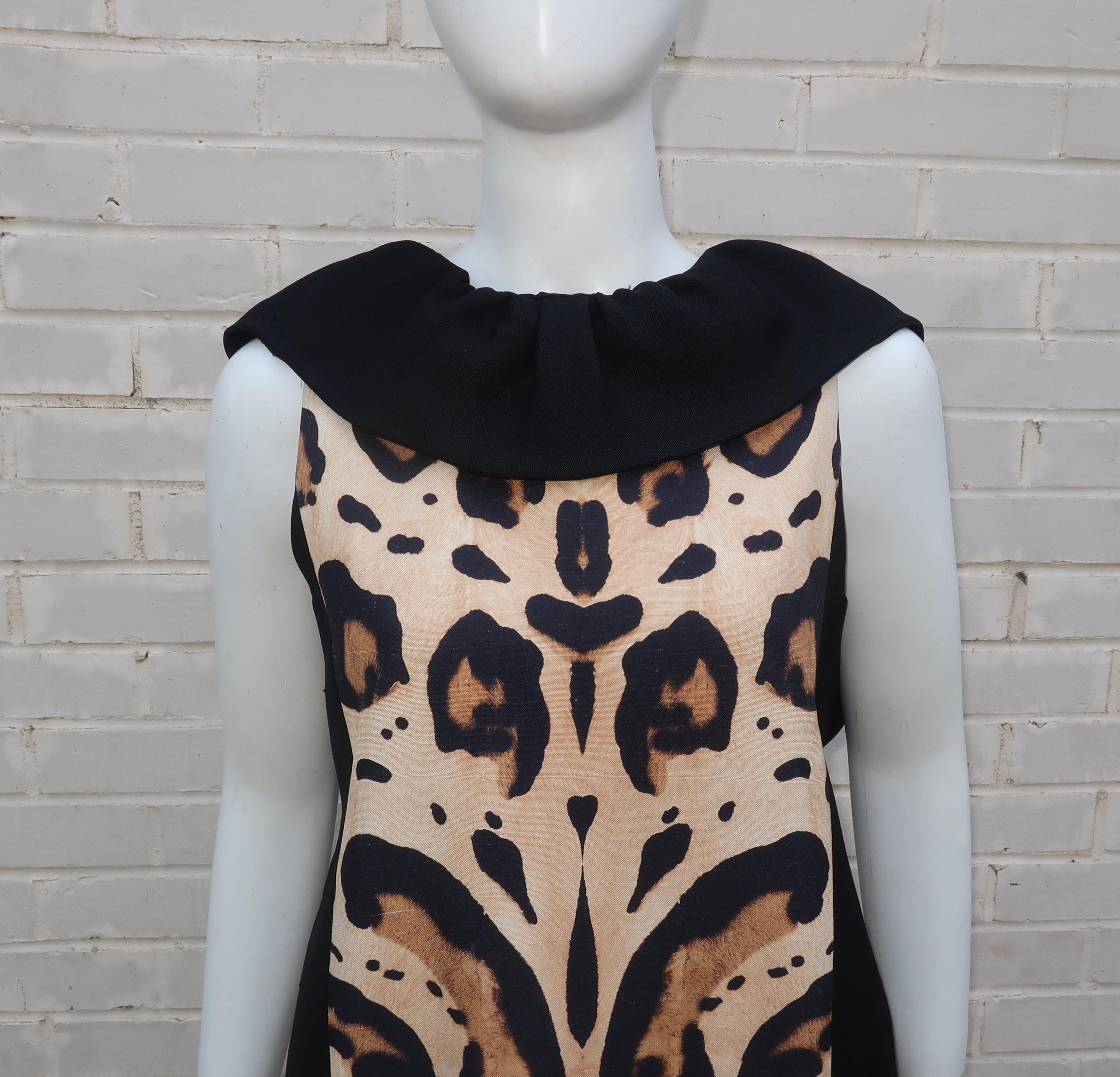 Black Giambattista Valli Animal Print Silk Linen Dress With Ruffled Collar