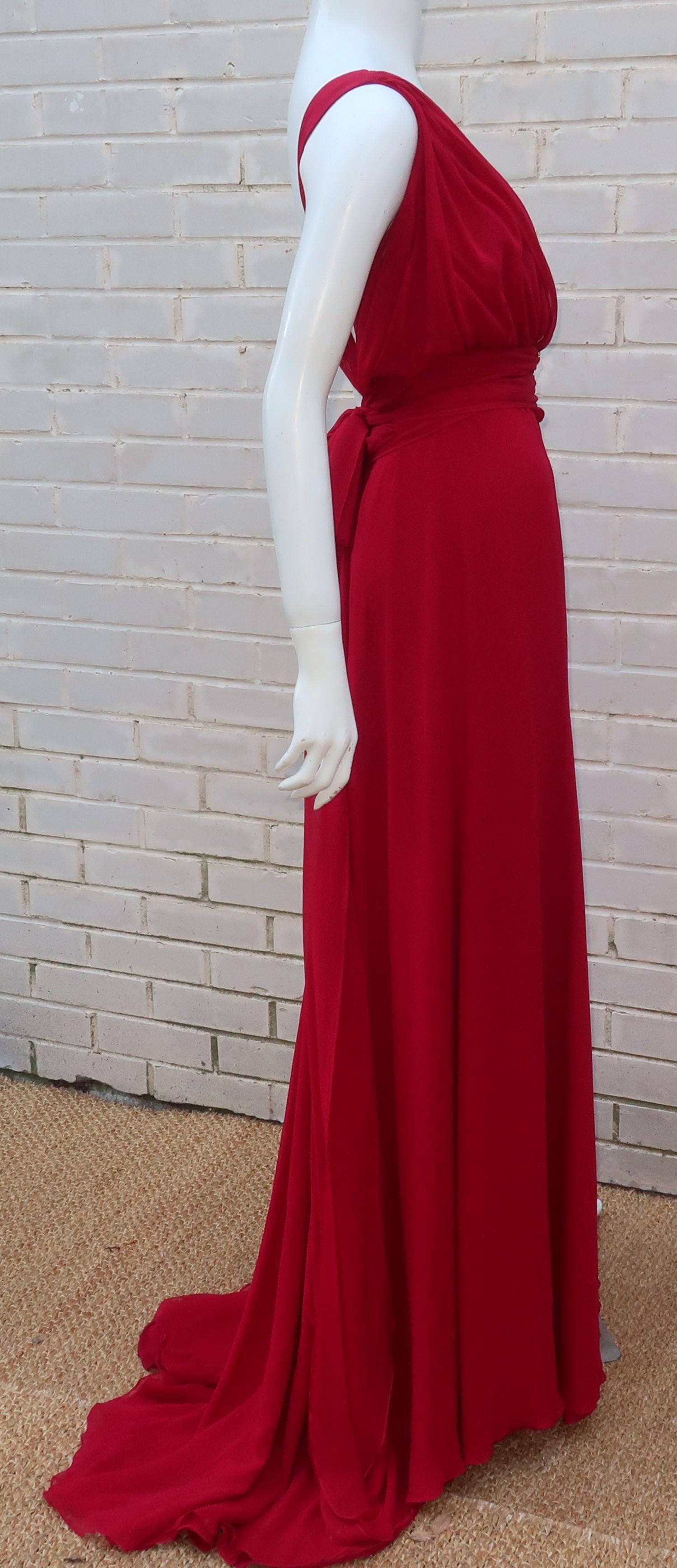Monique Lhuillier Red Silk Draped Goddess Dress 5