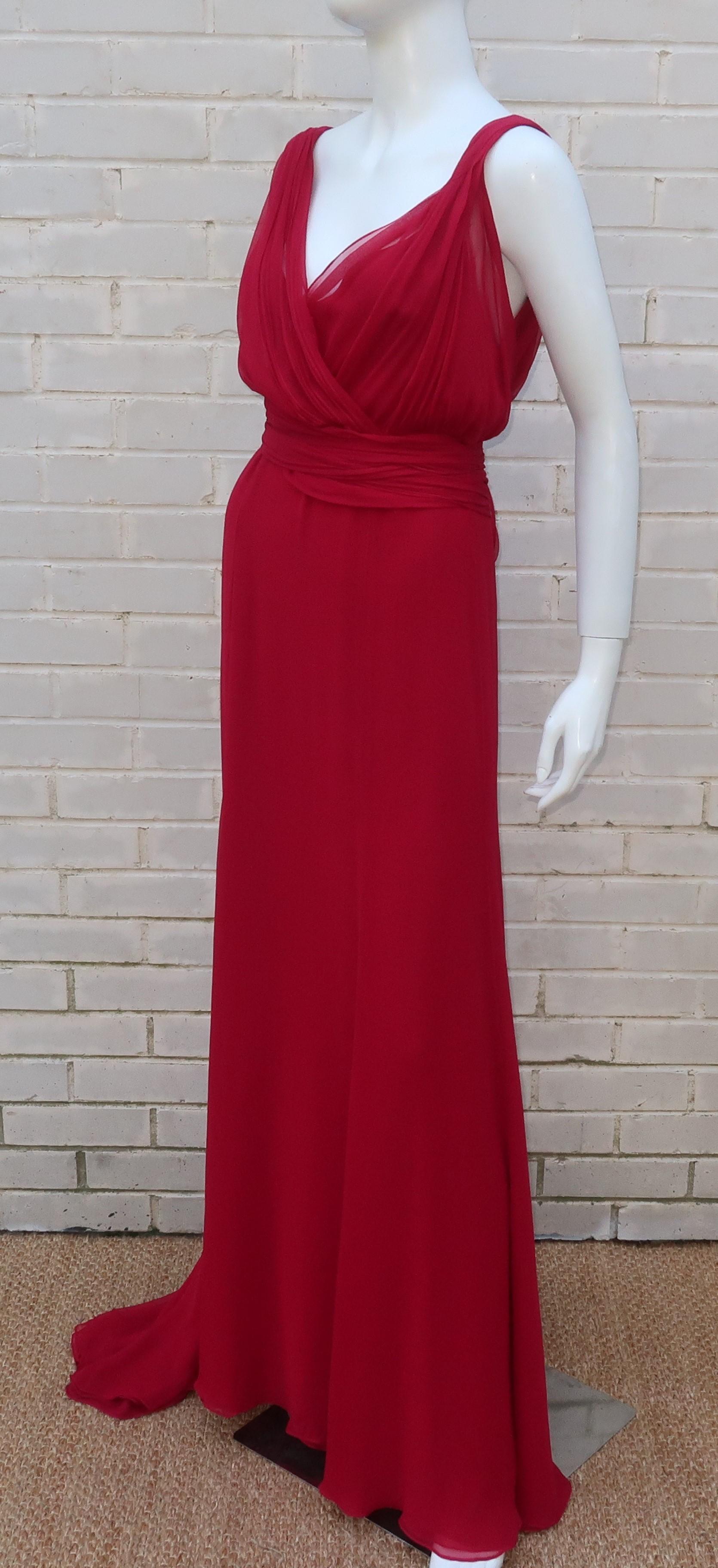 Monique Lhuillier Red Silk Draped Goddess Dress In Good Condition In Atlanta, GA