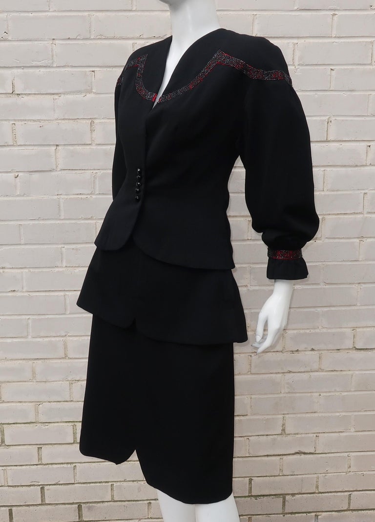 1940's Tiered Black Suit With Beaded Yoke Balloon Sleeve Jacket For ...