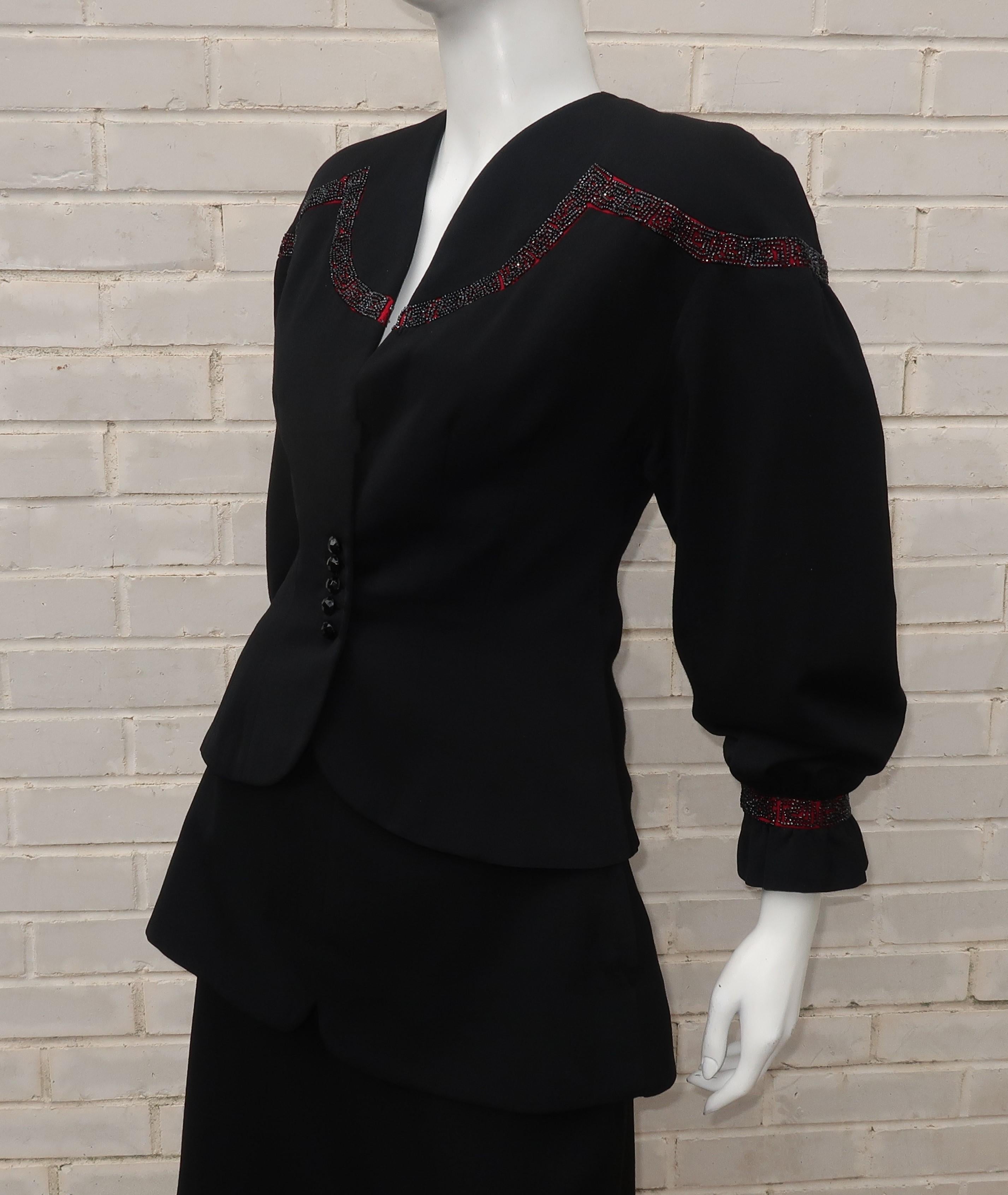 Women's 1940's Tiered Black Suit With Beaded Yoke Balloon Sleeve Jacket