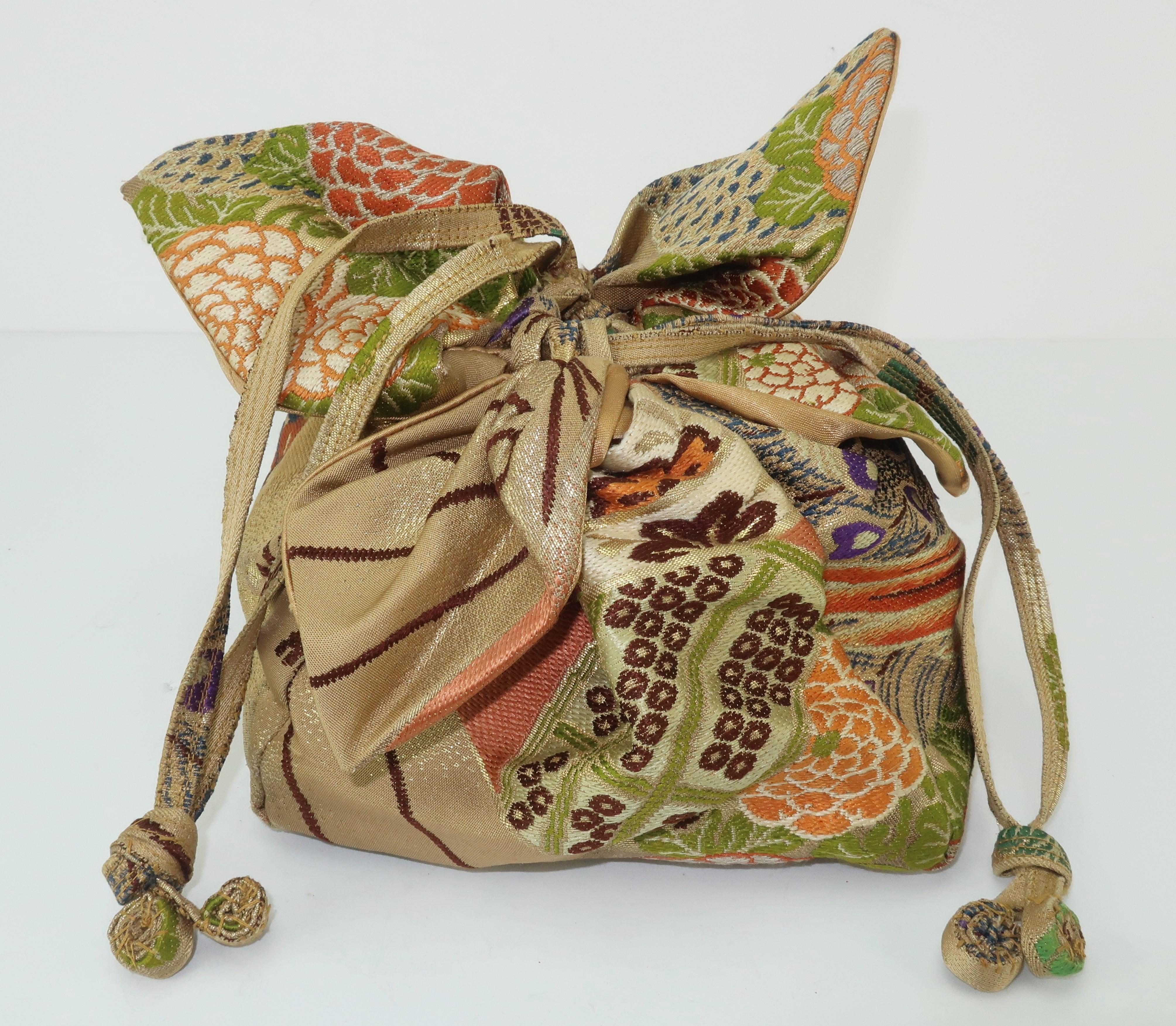 Brown 1950's Drawstring Silk Handbag From Japanese Obi Cloth